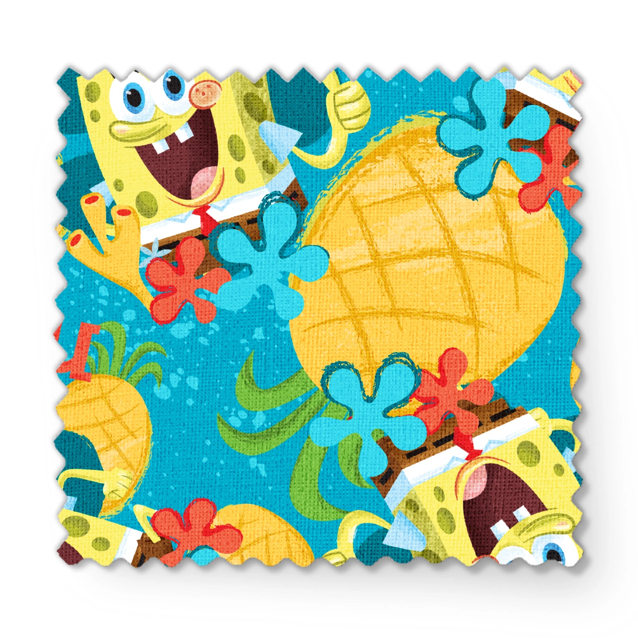 SpongeBob SquarePants pattern with pineapples and flowers on teal background fabric swatch mockup