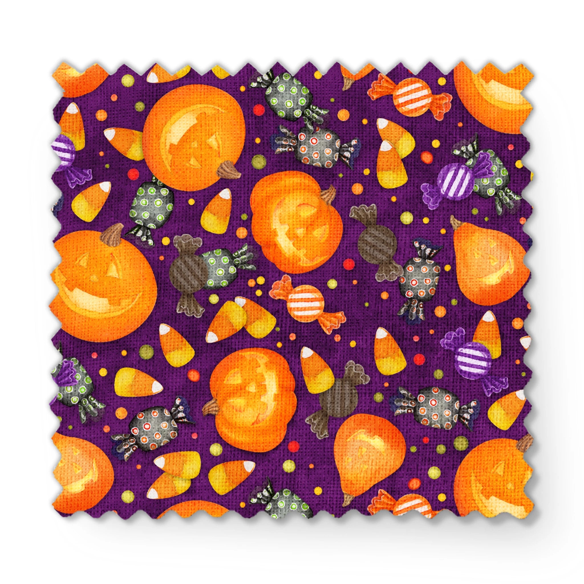 Playful Halloween fabric design by Nicole Tamarin featuring smiling jack-o’-lanterns, wrapped candies, and candy corn scattered across a purple background. fabric swatch mockup