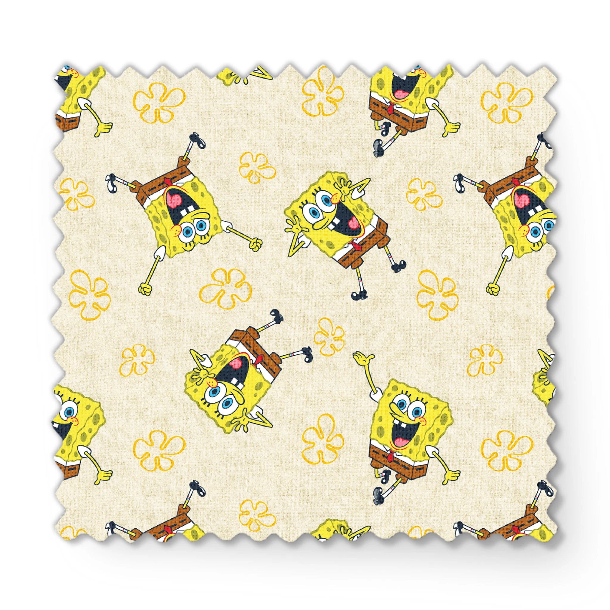 Repeating pattern of SpongeBob SquarePants characters on light yellow background with yellow flowers fabric swatch mockup