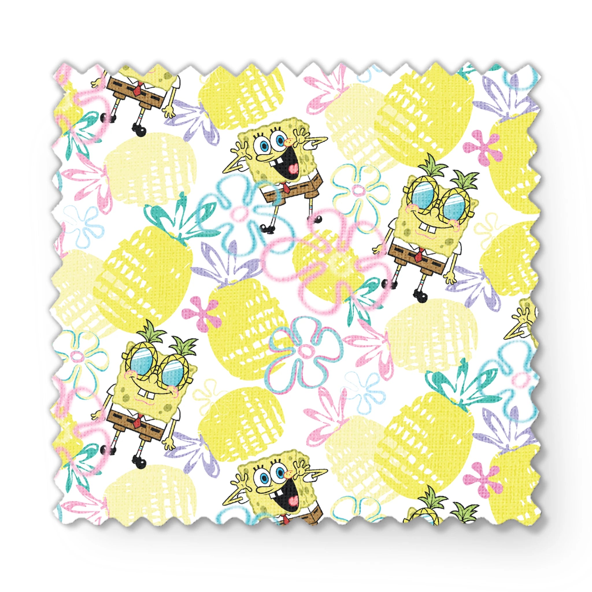 SpongeBob wearing pineapple glasses surrounded by yellow pineapples and pastel floral sketches on a white background in a playful Nickelodeon design. fabric swatch mockup