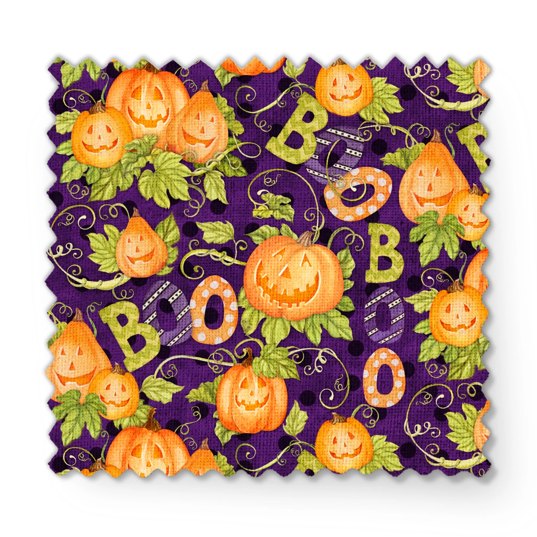 Halloween fabric by Nicole Tamarin with smiling jack-o’-lanterns, “BOO” text, vines, and leaves on a purple background. fabric swatch mockup