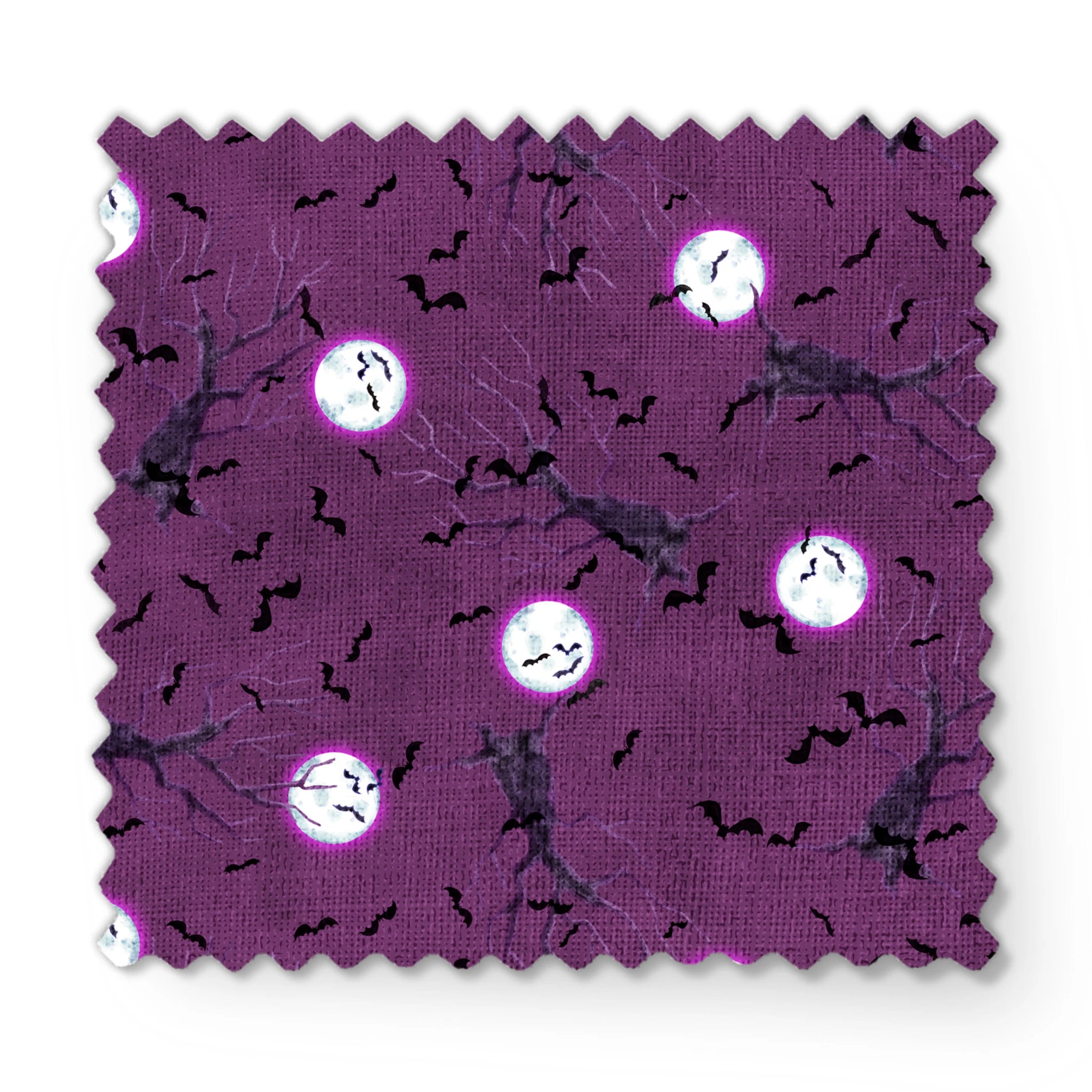 Halloween fabric design with spooky trees, bats, and glowing full moons on a purple background, illustrated by Nicole Tamarin. fabric swatch mockup