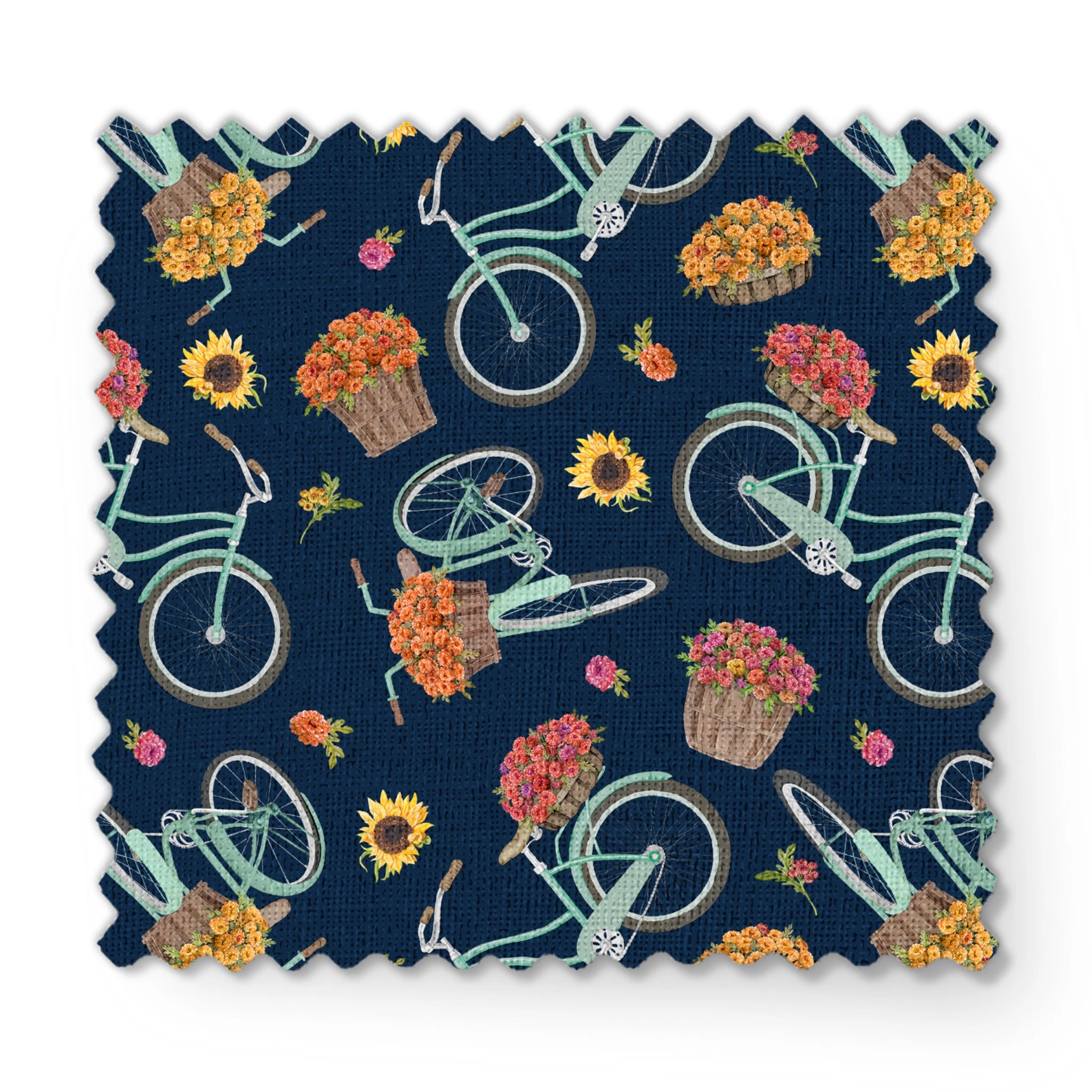 Teal vintage bikes with baskets of fall flowers on a navy background, inspired by cozy fall market scenes. fabric swatch mockup