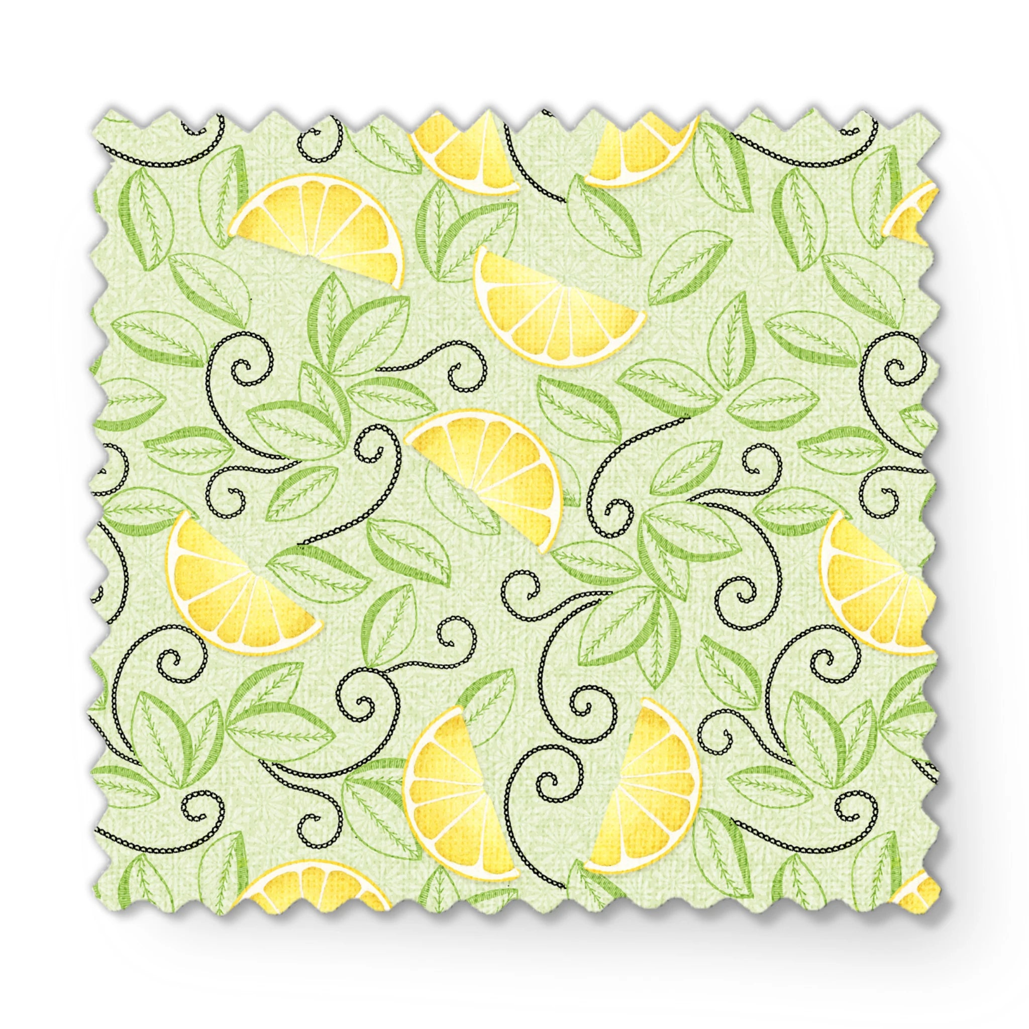 Yellow lemon slices with swirling green leaves on a soft green background in a playful, fresh layout. fabric swatch mockup
