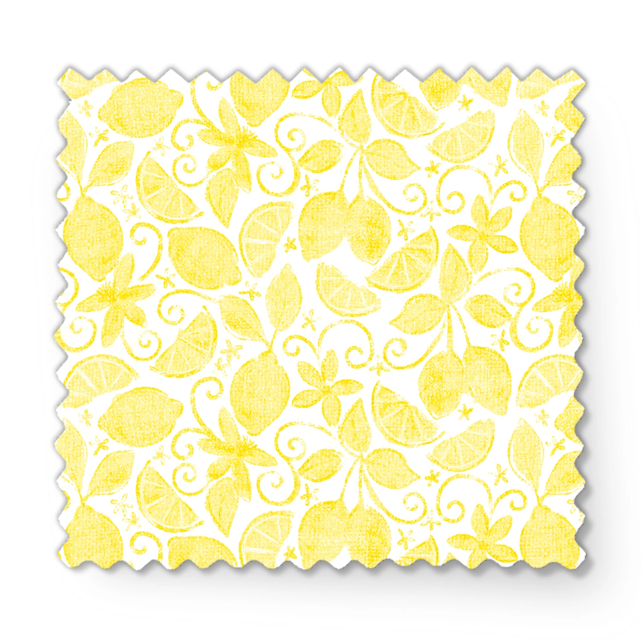 Yellow lemon pattern by Nicole Tamarin with sliced lemons, leaves, and swirls on a white background fabric swatch mockup