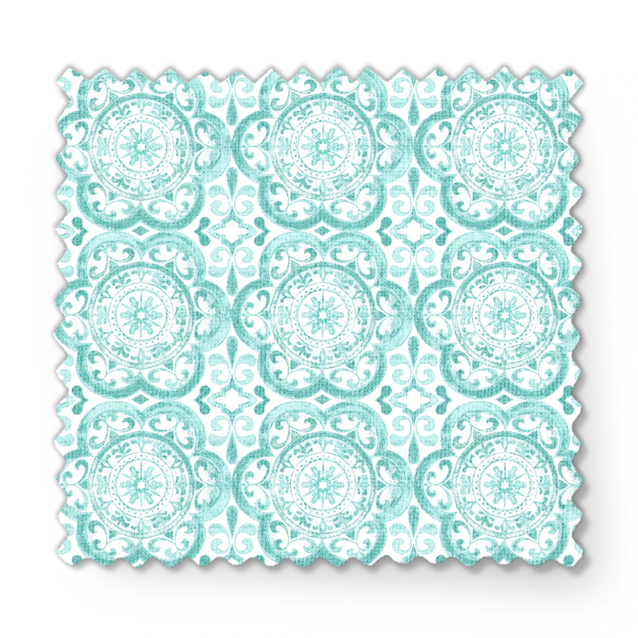Teal medallion tile-inspired design with intricate floral and scroll details by Nicole Tamarin, from the Squeeze the Day collection. fabric swatch mockup