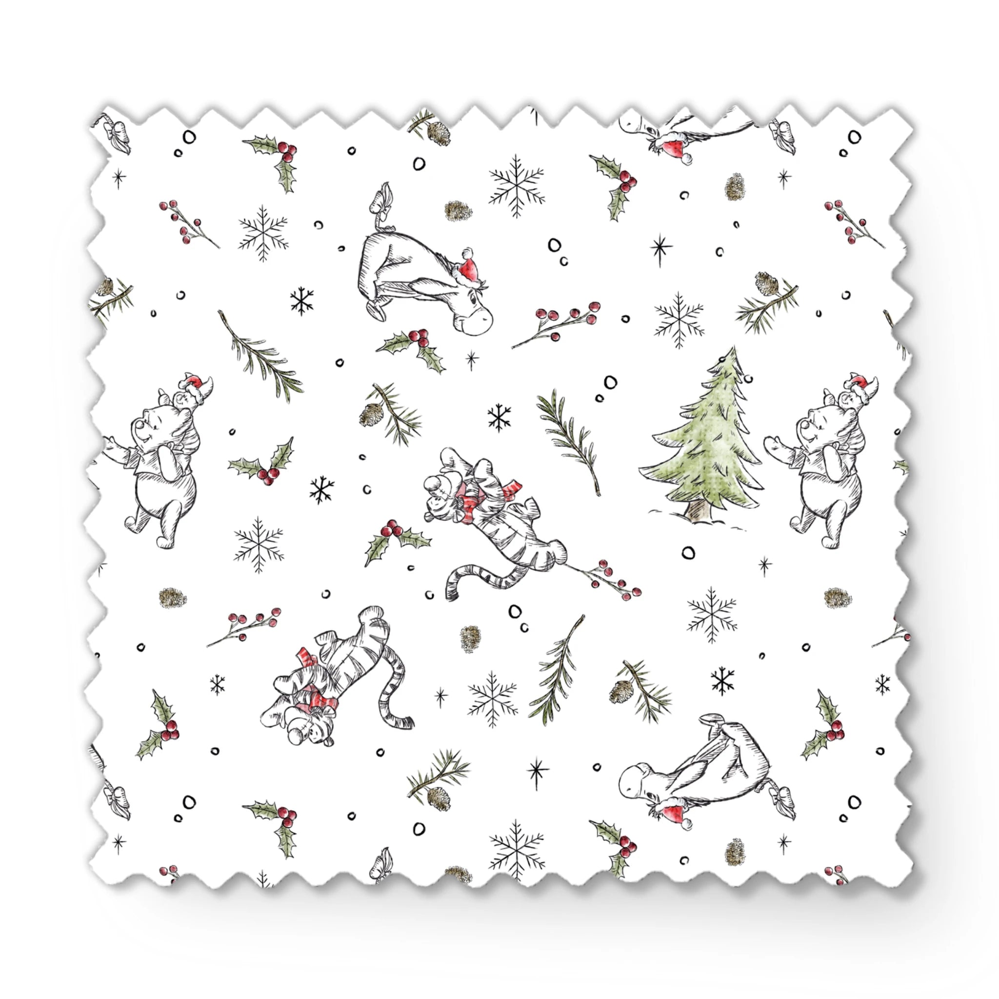 Delicate white winter pattern with cartoon mice, pine trees, holly berries, and snowflakes fabric swatch mockup