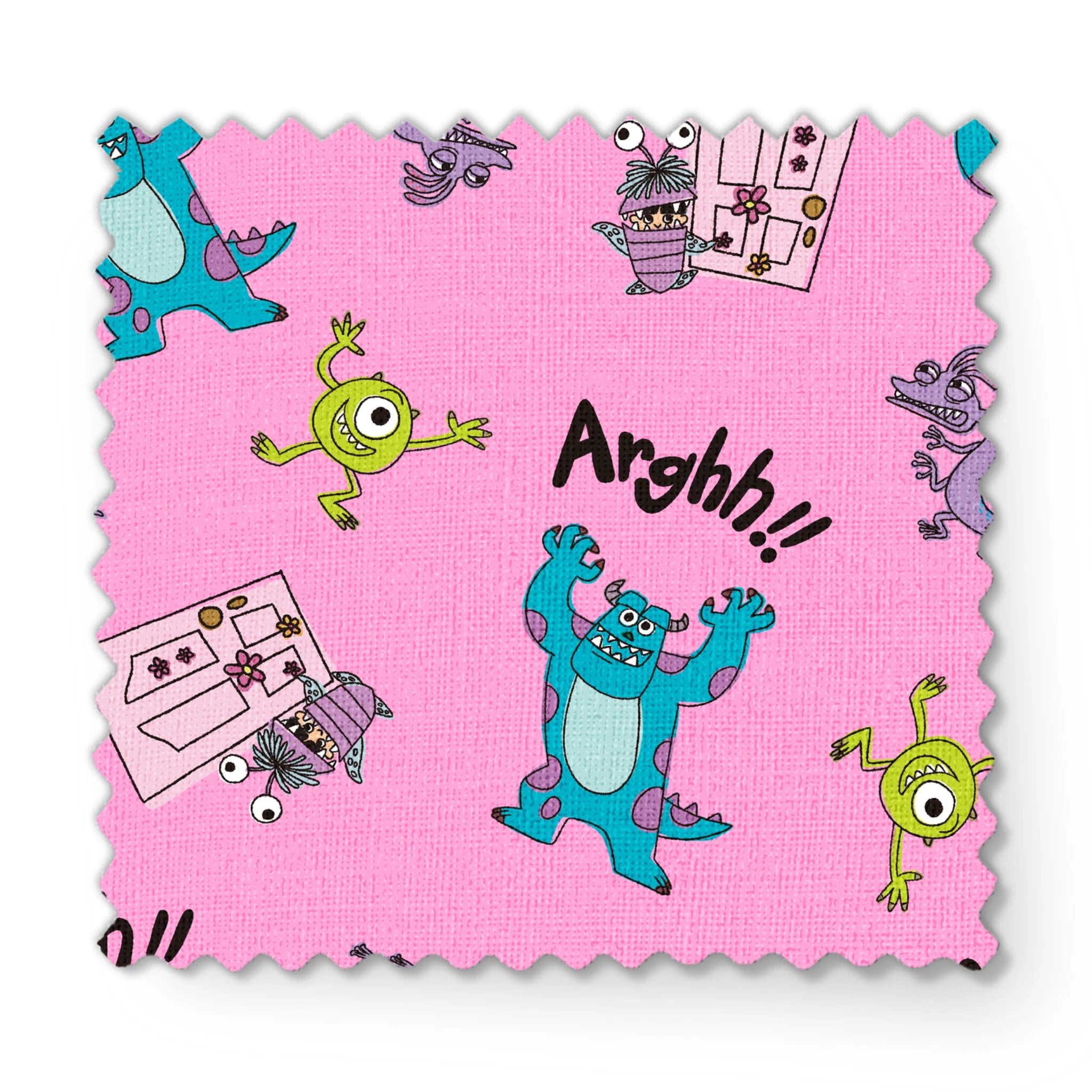 Cartoon monster pattern with blue creatures, green one-eyed characters, and "Arghh!!" text on pink background fabric swatch mockup