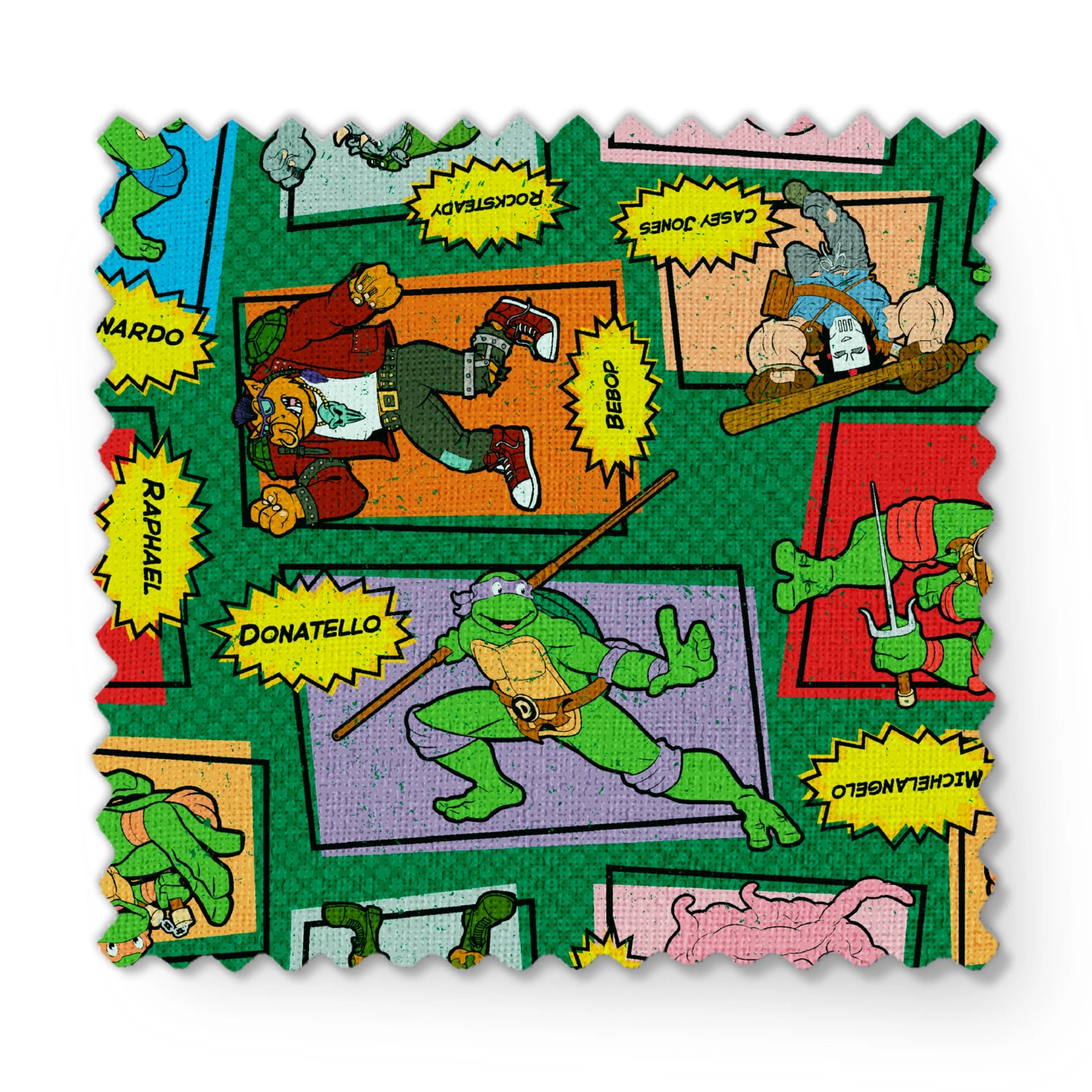 Retro Teenage Mutant Ninja Turtles comic print with turtles, villains, and action words in colorful panels. fabric swatch mockup