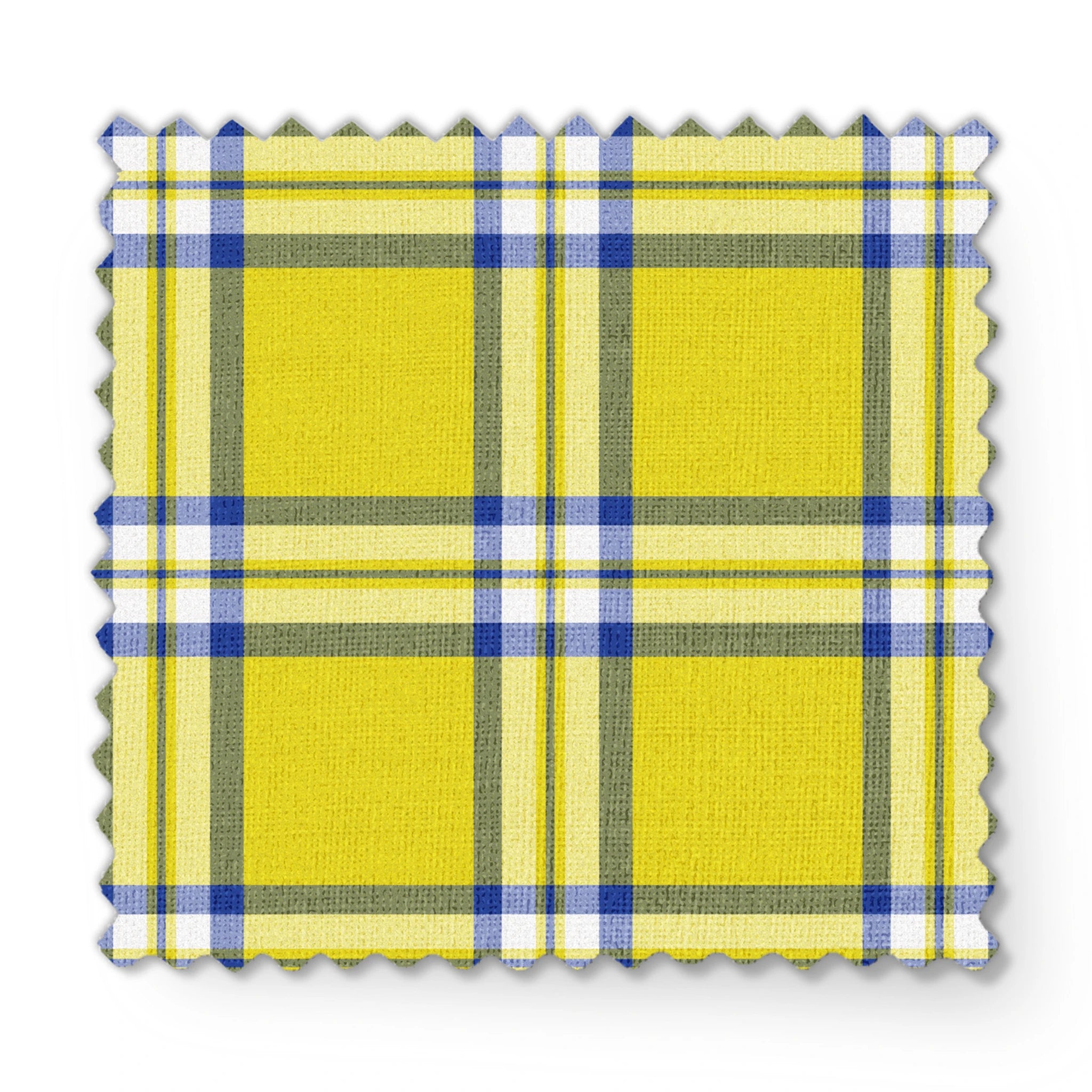 Officially licensed Clueless yellow plaid with white, olive green, and blue stripes, inspired by Cher Horowitz’s iconic outfit. fabric swatch mockup