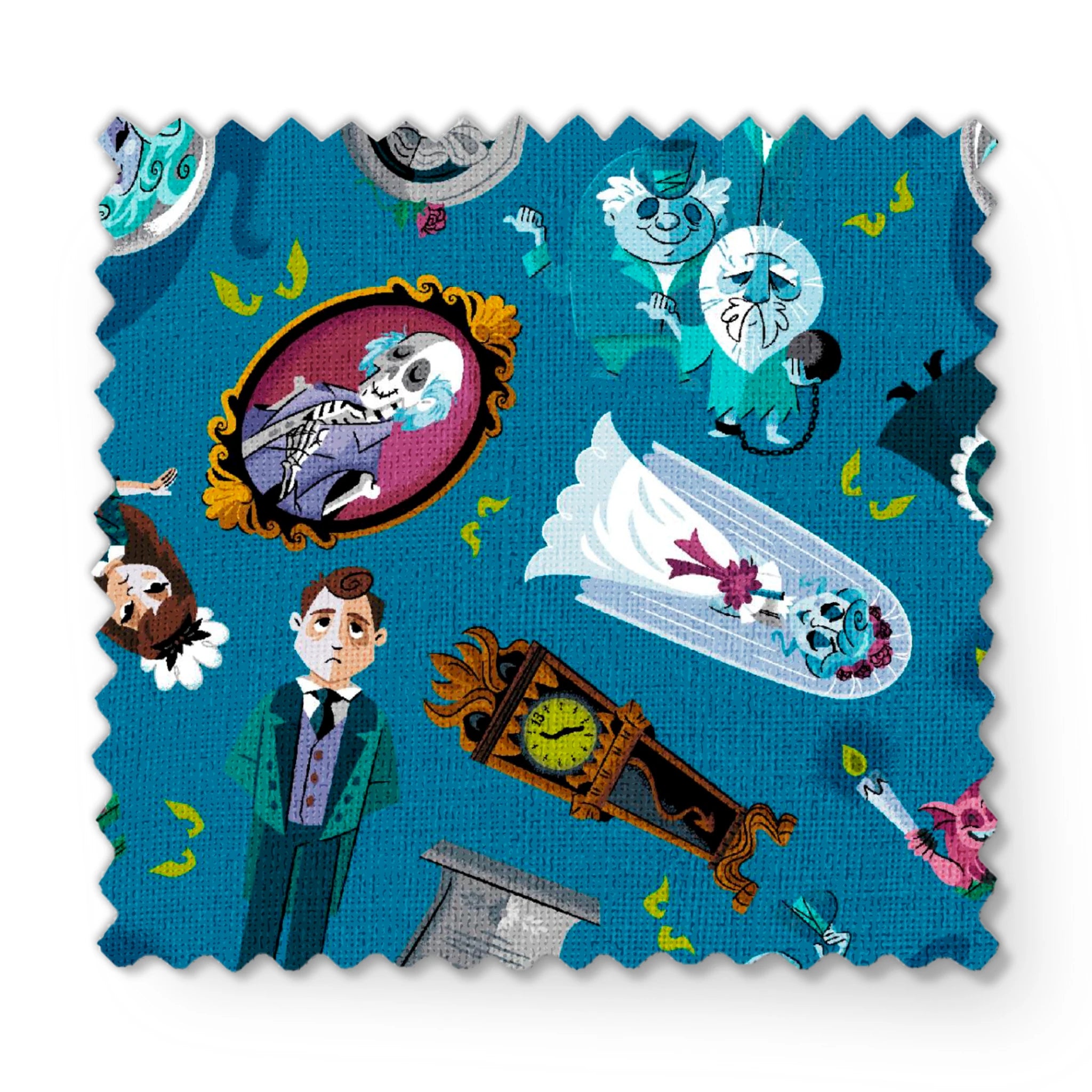 Haunted Mansion themed pattern with cartoon ghosts, portraits, coffins, and spooky elements on teal background fabric swatch mockup