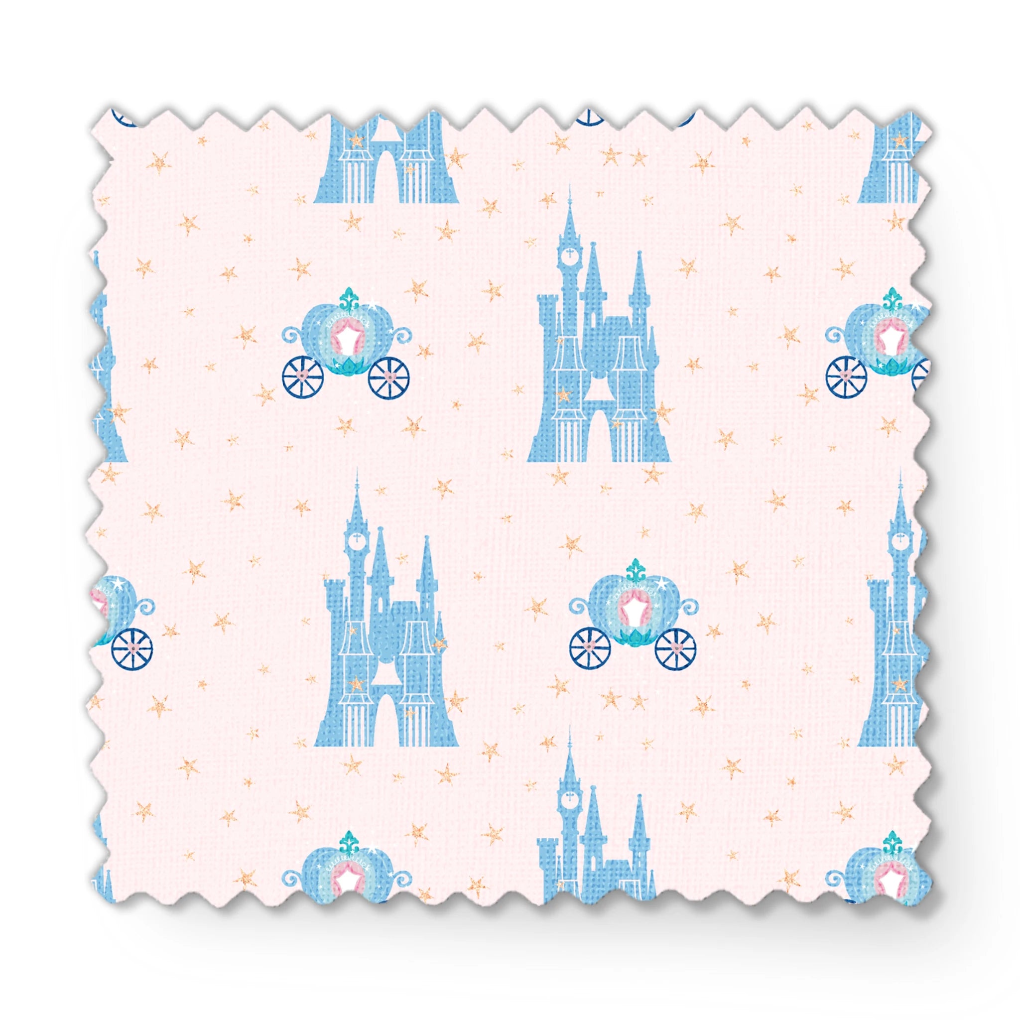 Cinderella pattern with blue castles, carriages, and gold stars on pale pink background fabric swatch mockup