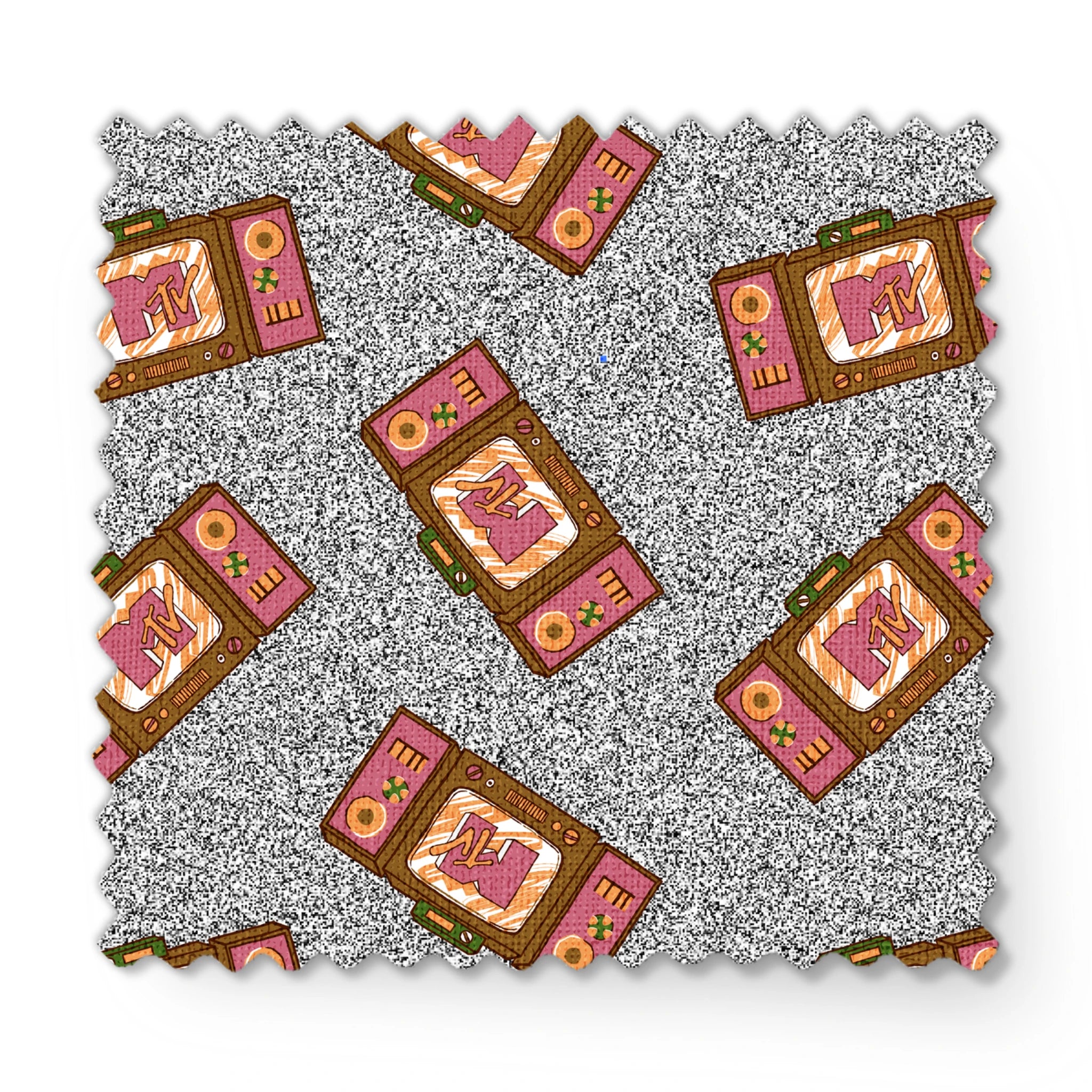 Pink and brown retro televisions with the MTV logo over a grainy gray static background in a scattered repeat. fabric swatch mockup