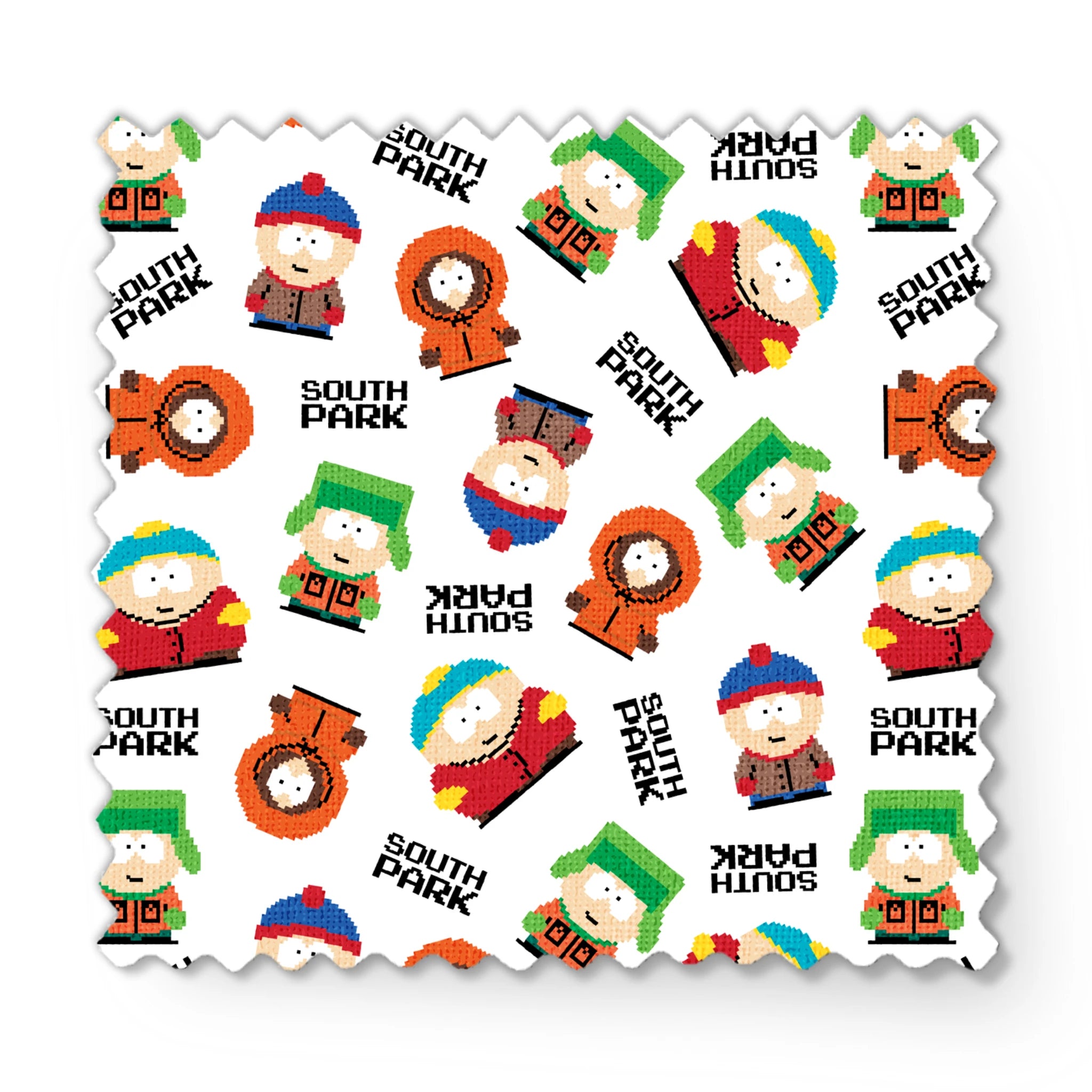 Pixel art versions of Stan, Kyle, Cartman, and Kenny with the South Park logo in black, tossed on a white background in various rotations. fabric swatch mockup