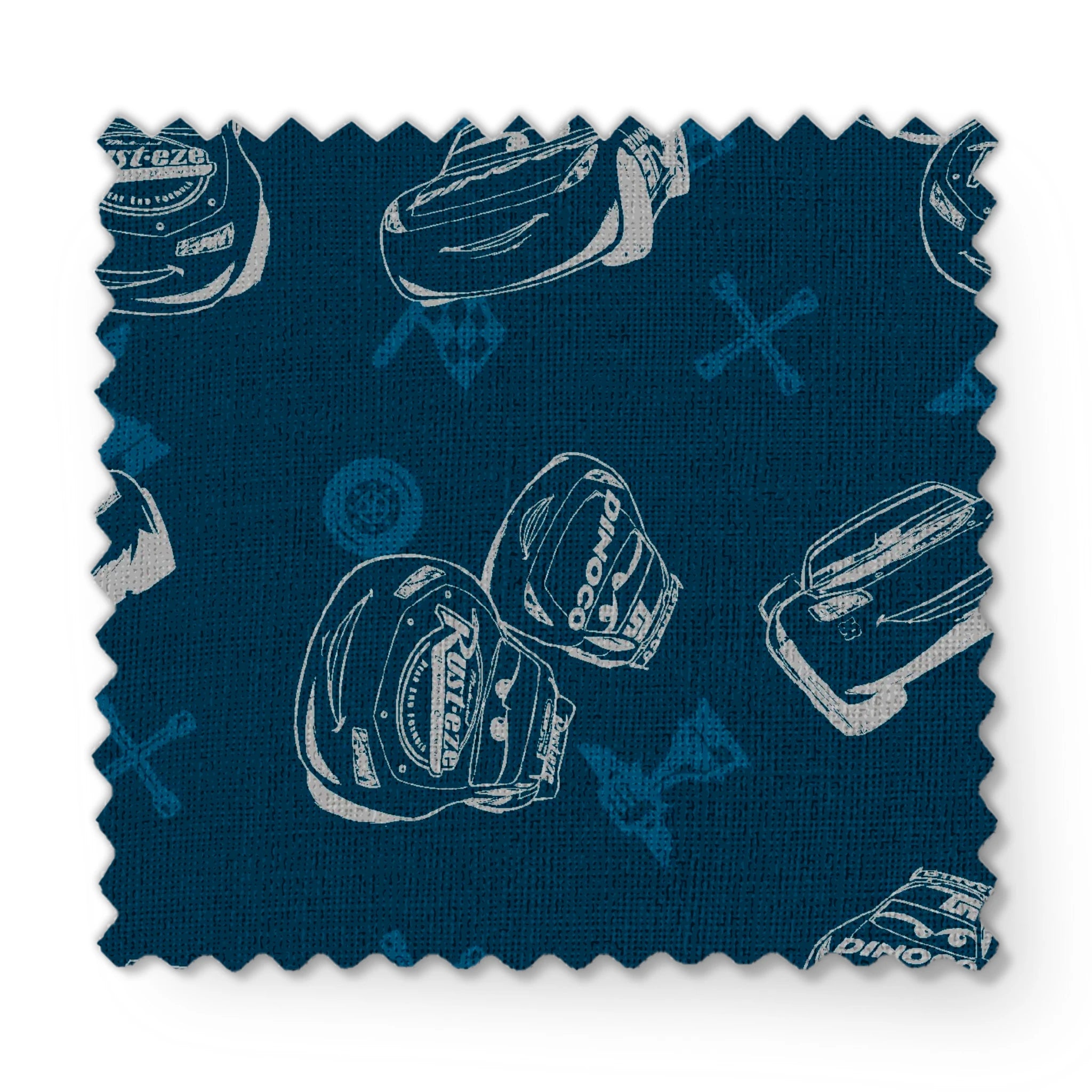 Race cars pattern on dark blue background with sketched vehicles and tire marks fabric swatch mockup