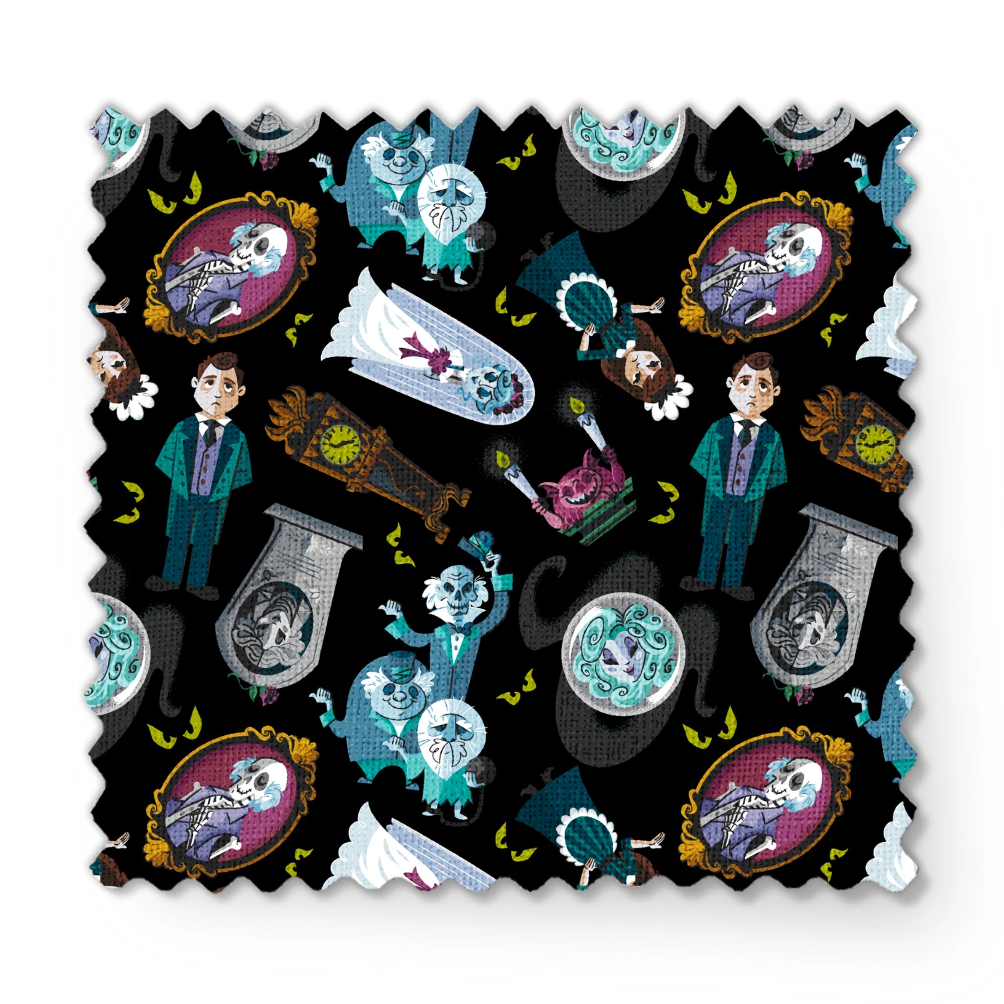 Haunted Mansion themed pattern with cartoon ghosts, characters, coffins, and spooky elements on black background fabric swatch mockup