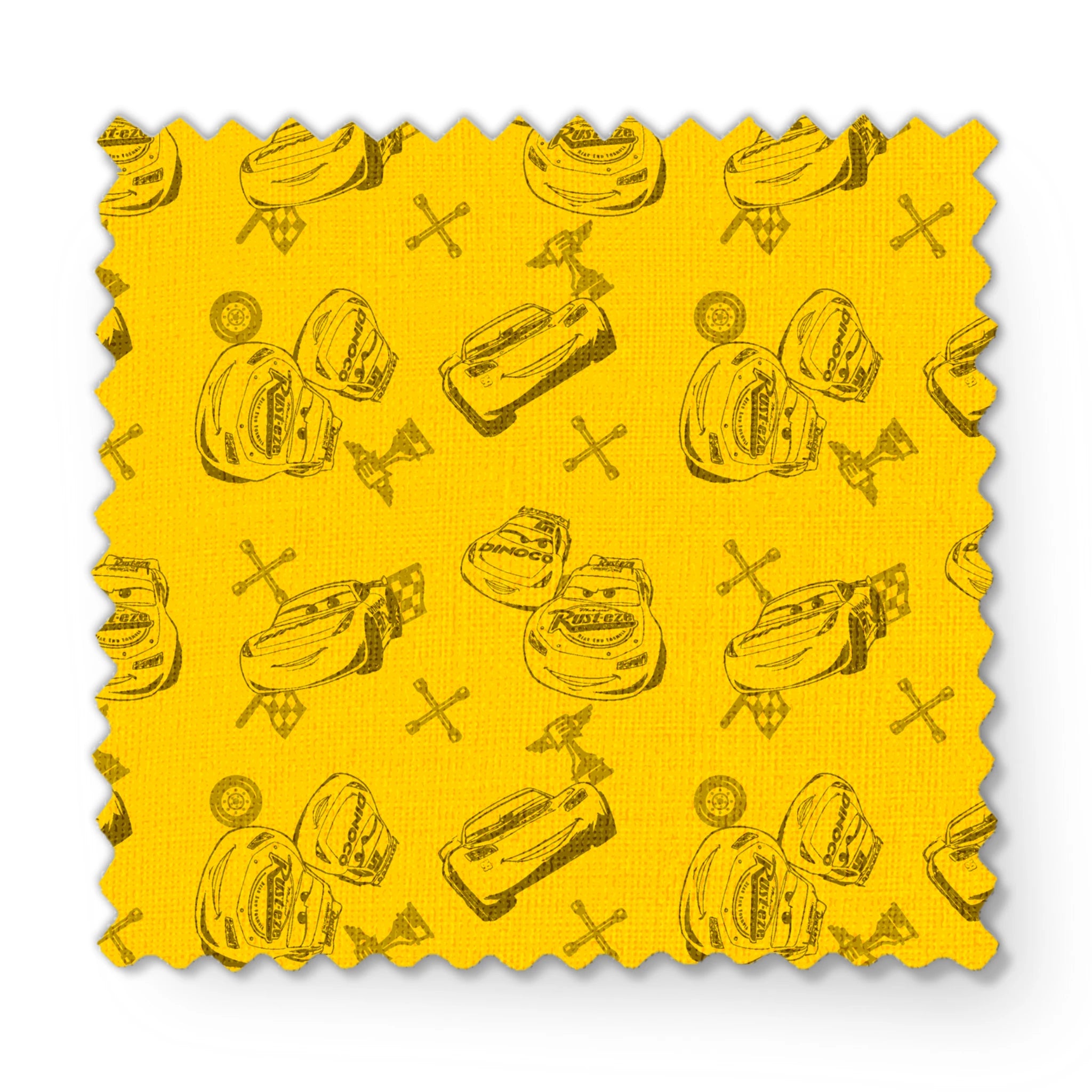 Yellow background with cartoon race cars, tires, and tool icons in a repeating pattern design fabric swatch mockup