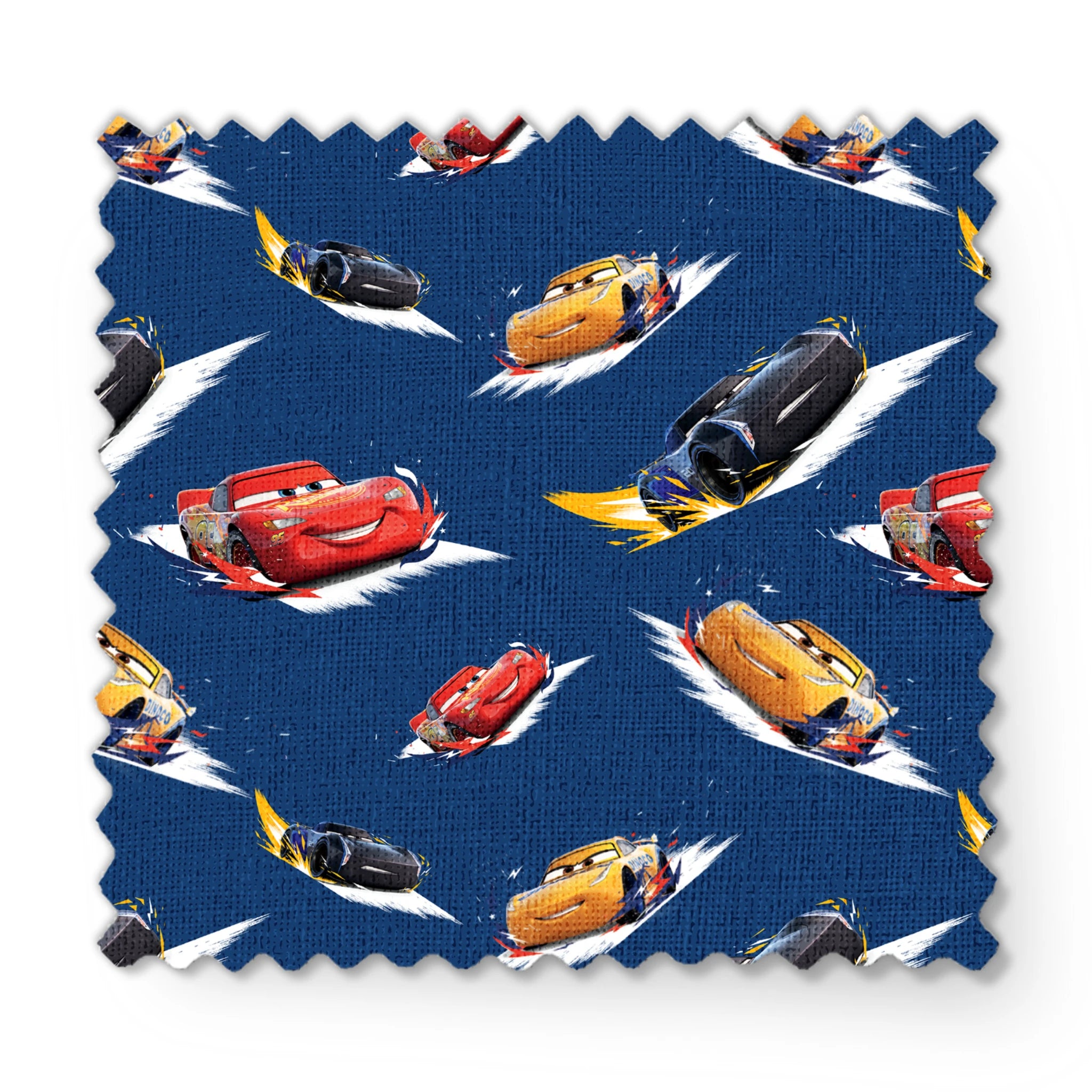 Animated race cars from Disney's Cars movie speeding across a blue background with white motion streaks fabric swatch mockup
