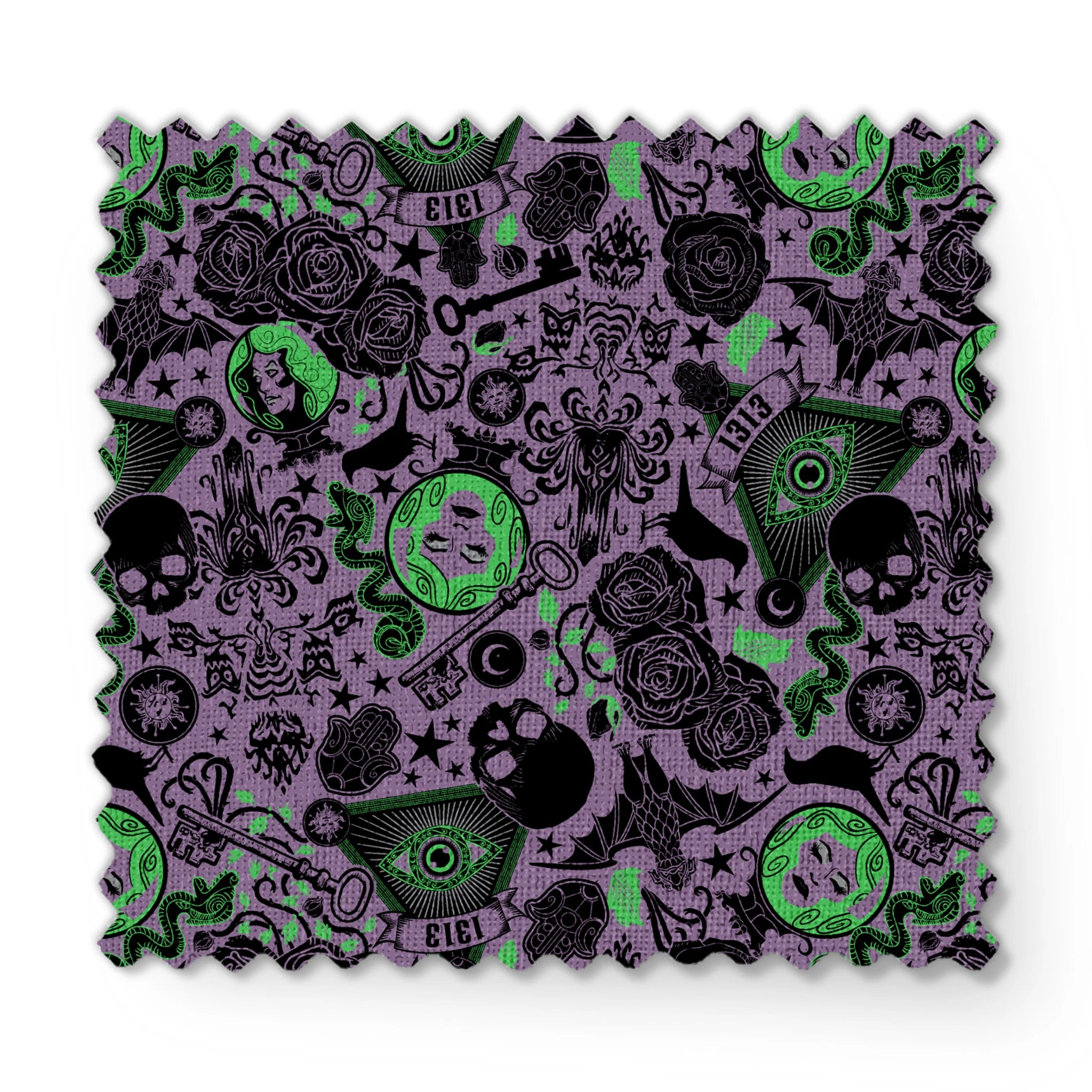 A dark purple background with gothic imagery in black and neon green featuring mystical elements including roses, celestial symbols, eyes, hands, and ornate decorative patterns. fabric swatch mockup