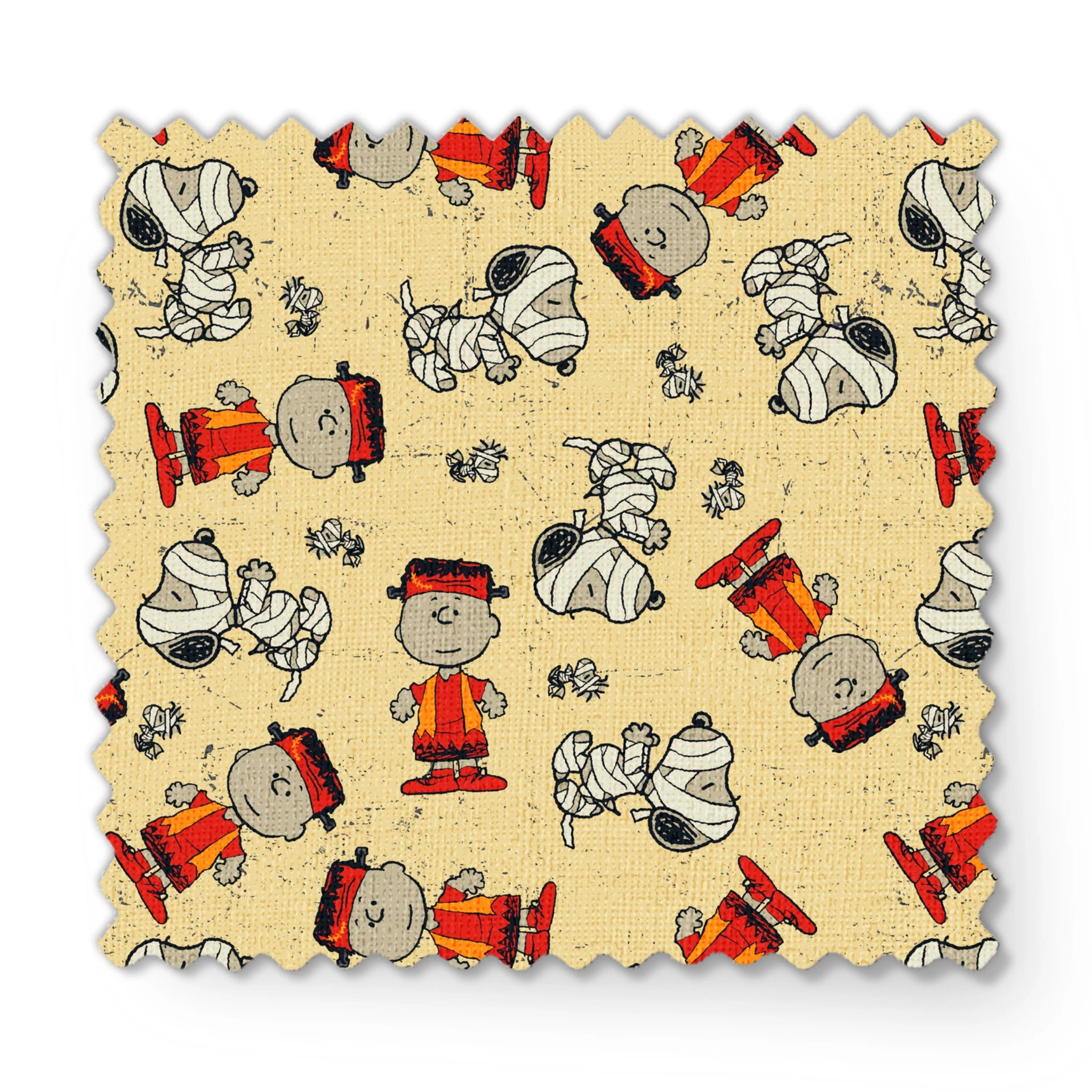 Peanuts characters pattern with Charlie Brown and Snoopy in halloween attire on beige background fabric swatch mockup