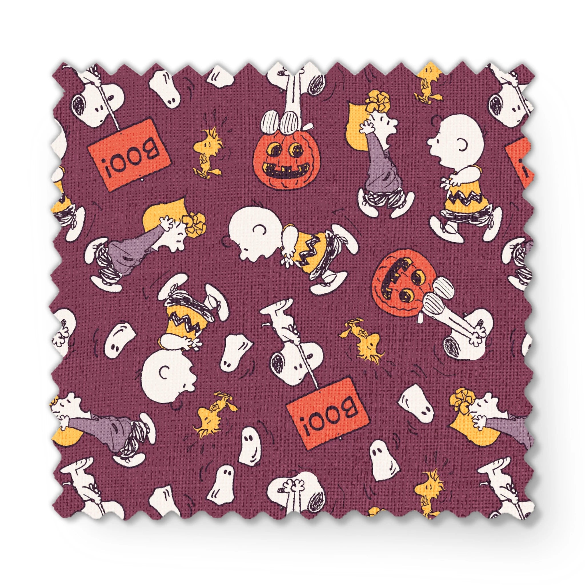 Snoopy and Woodstock Halloween pattern on purple background with pumpkins, ghosts, and "boo!" text fabric swatch mockup