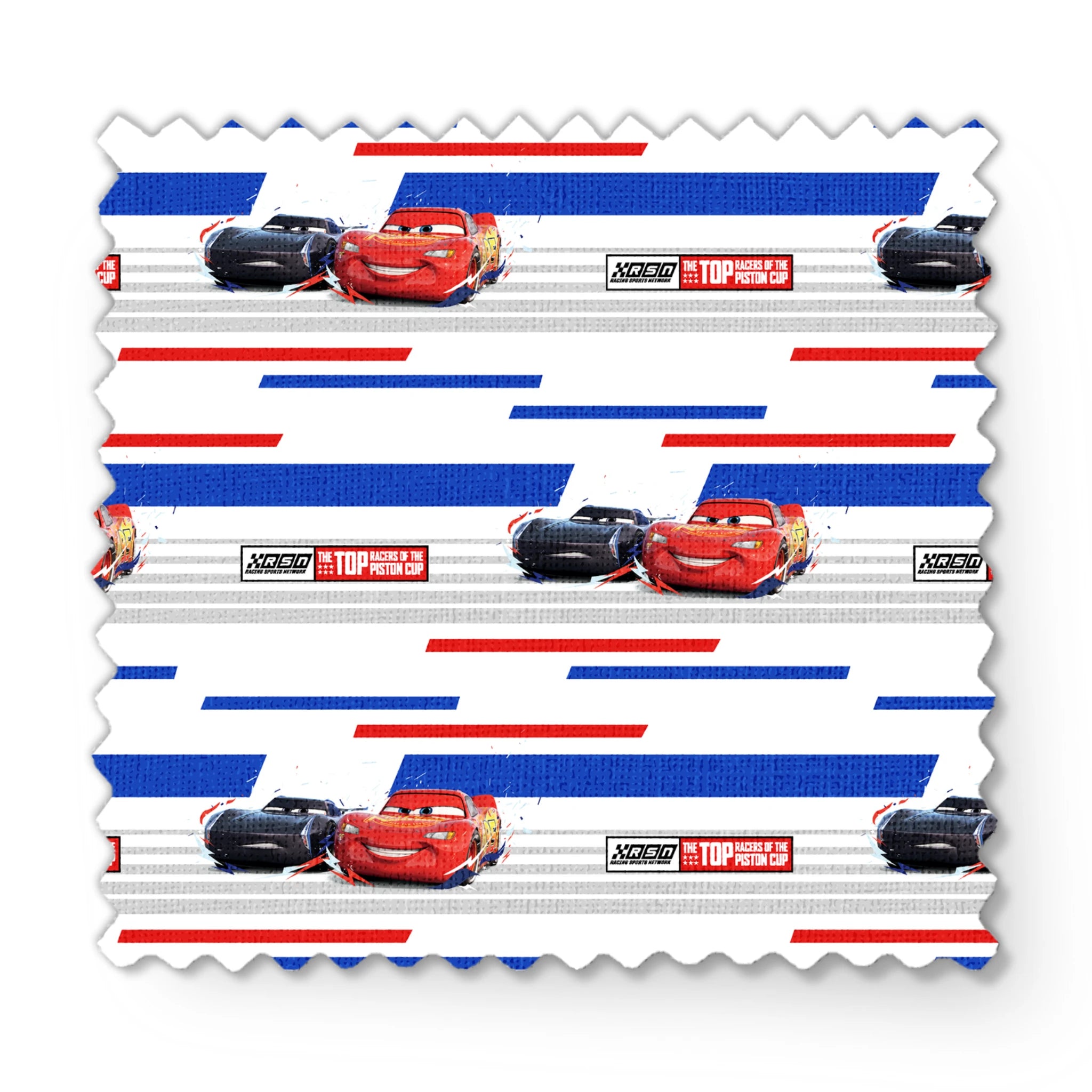Red and black race cars from Disney Pixar's Cars movie on striped blue, white, and red background with XSpeed logo fabric swatch mockup