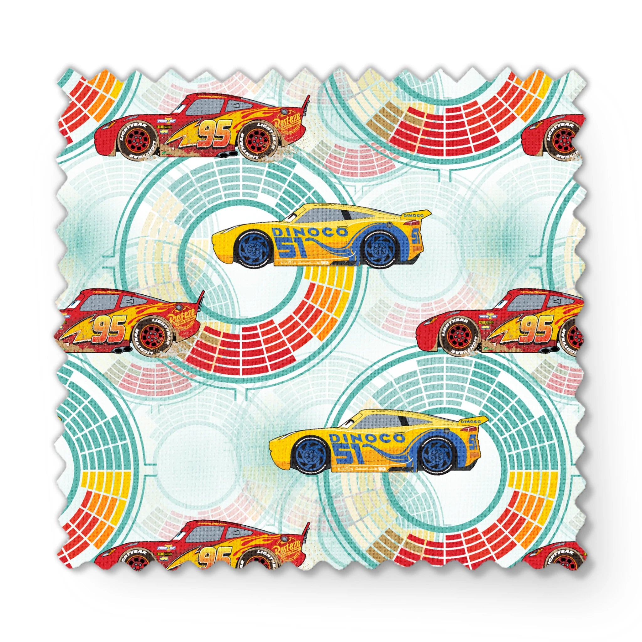 Colorful Disney Pixar Cars racing in red and yellow on a light blue background with circular patterns fabric swatch mockup