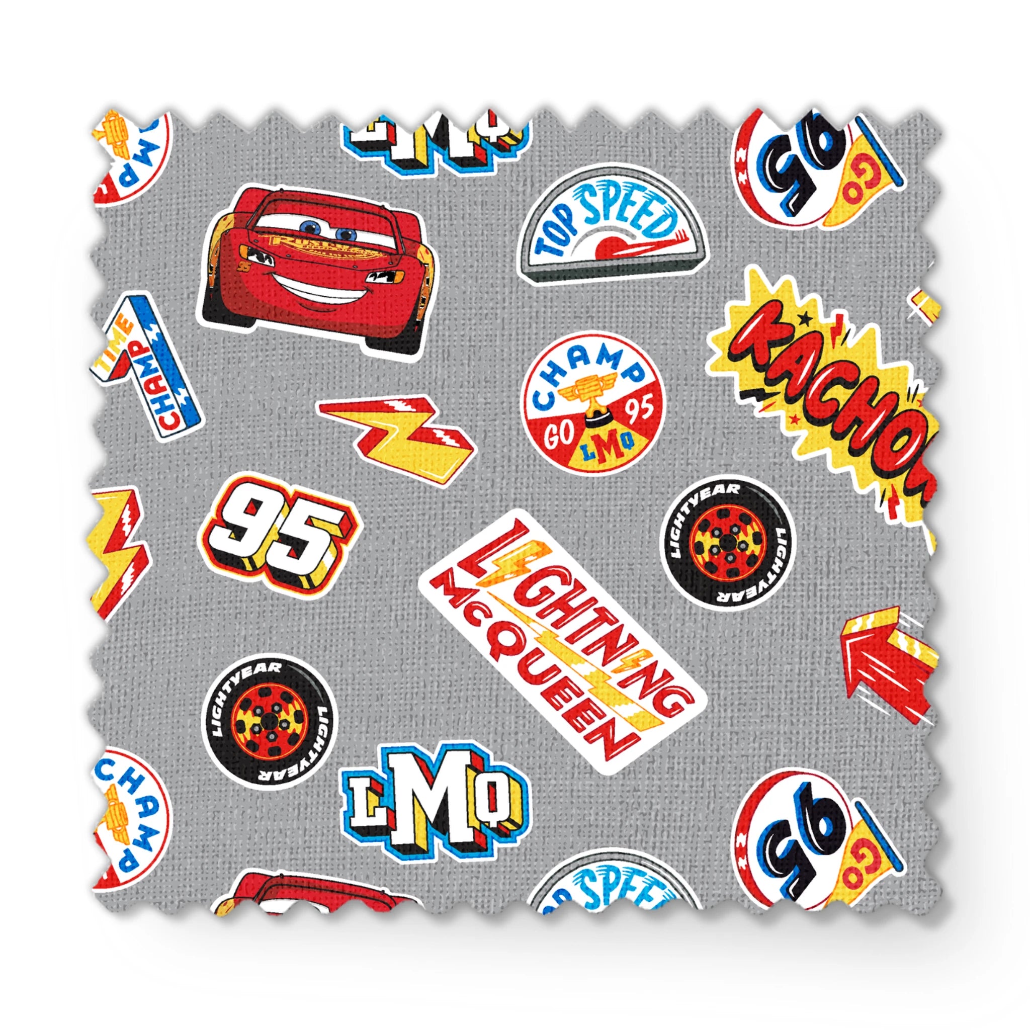 Colorful Disney Cars movie stickers featuring Lightning McQueen, racing logos, and numbers on gray background fabric swatch mockup
