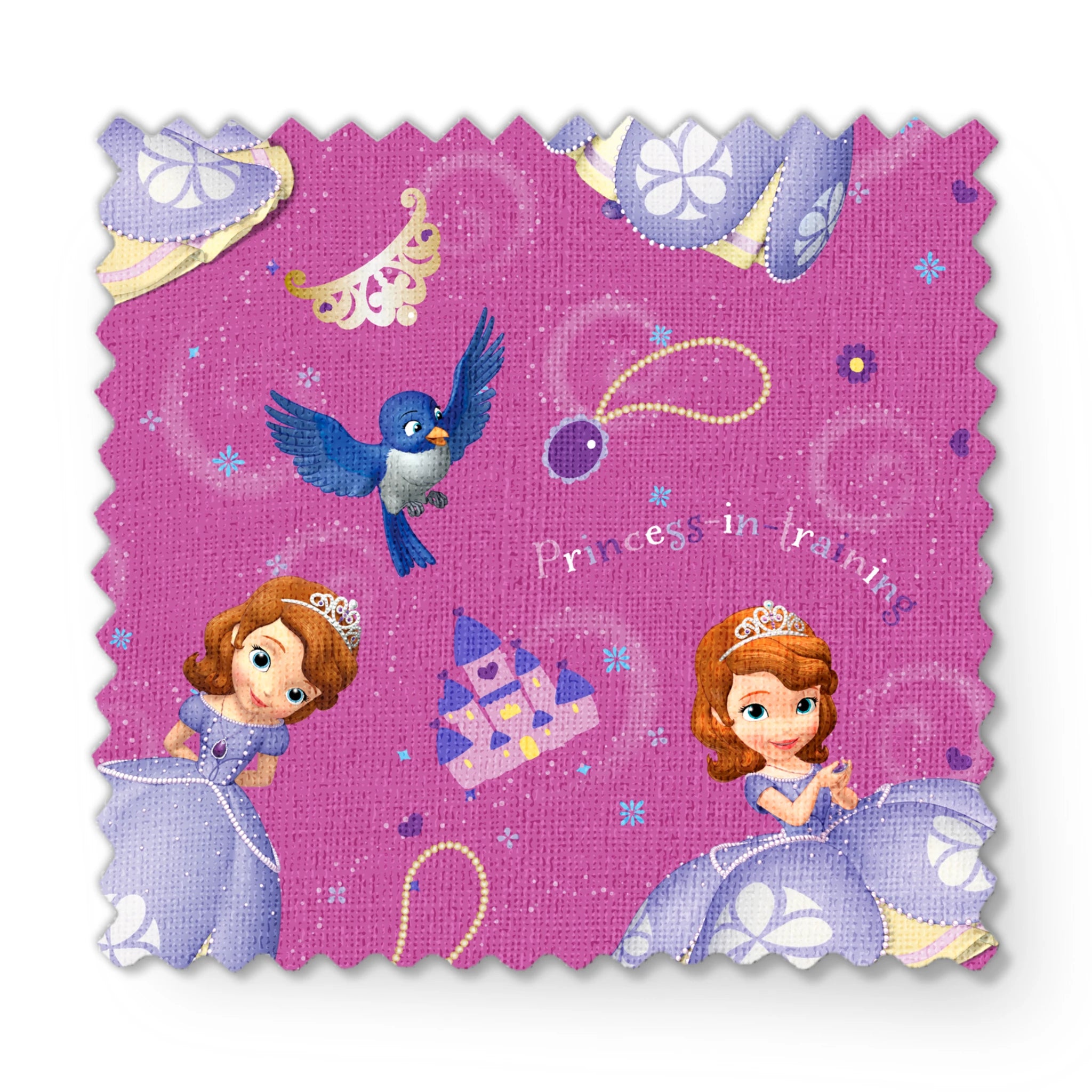 Princess Sofia pattern with purple background, crowns, castles, rabbits, and blue birds scattered among swirling designs fabric swatch mockup