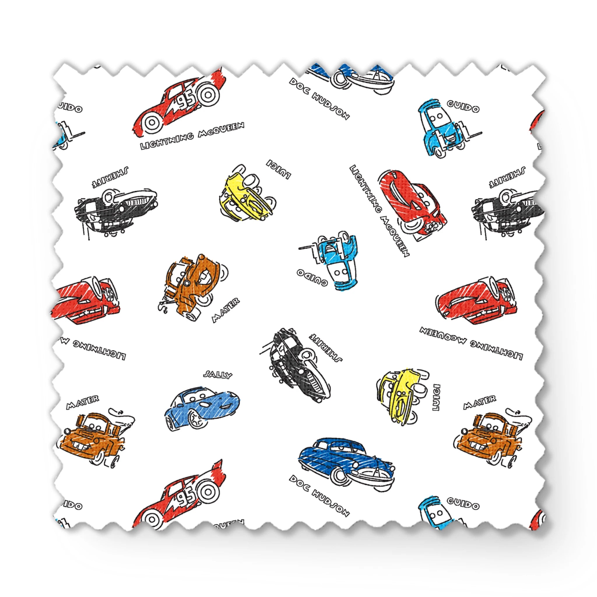 Colorful cartoon race cars in various colors scattered on white background with small text labels fabric swatch mockup