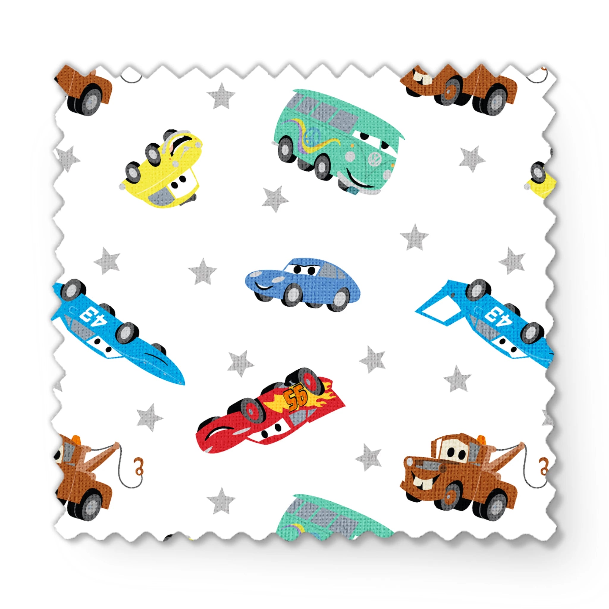 Cartoon vehicles pattern with colorful cars, trucks, and racing cars on white background with gray stars fabric swatch mockup