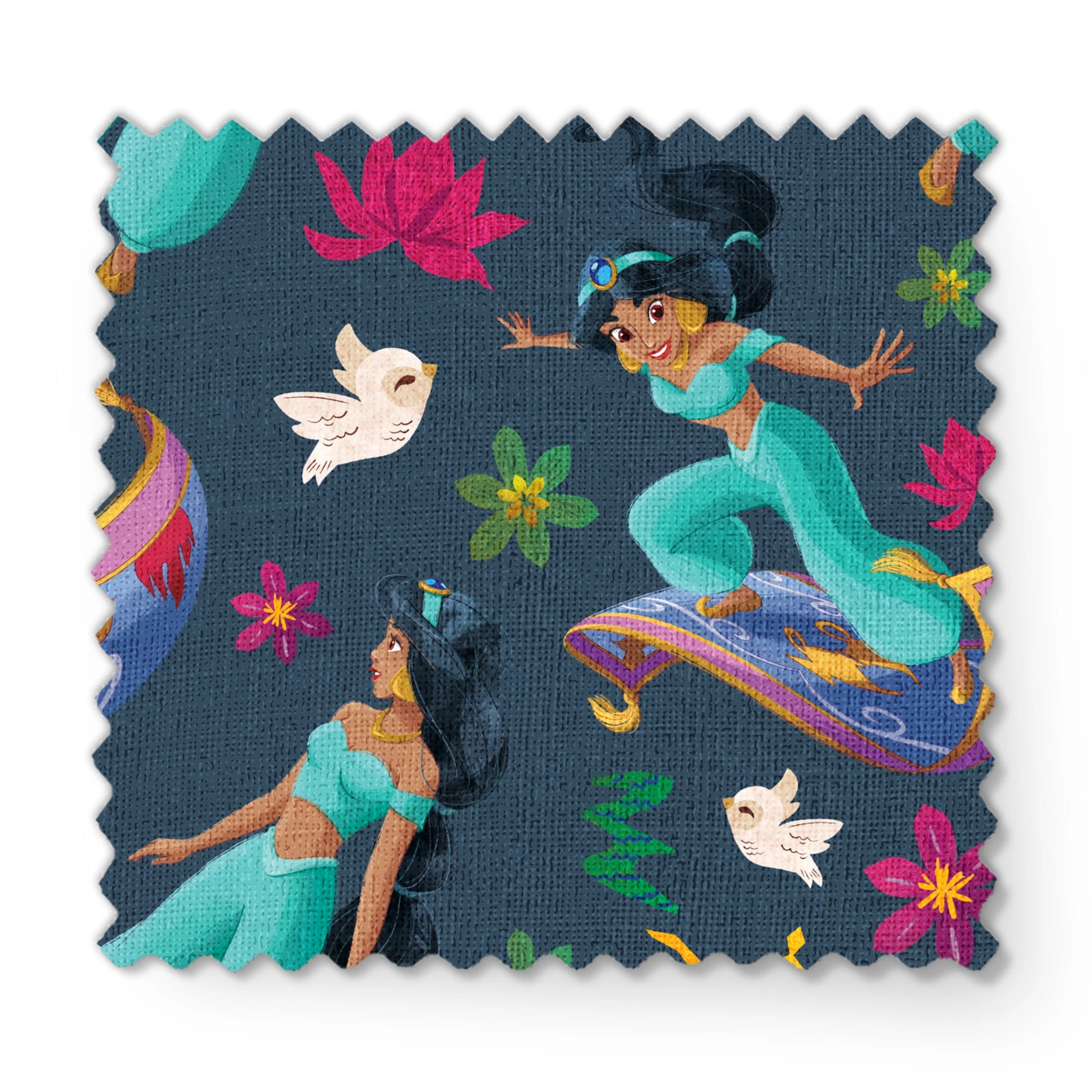Animated characters in turquoise outfits flying on magic carpets with white doves, lotus flowers, and a golden lamp against dark background. fabric swatch mockup