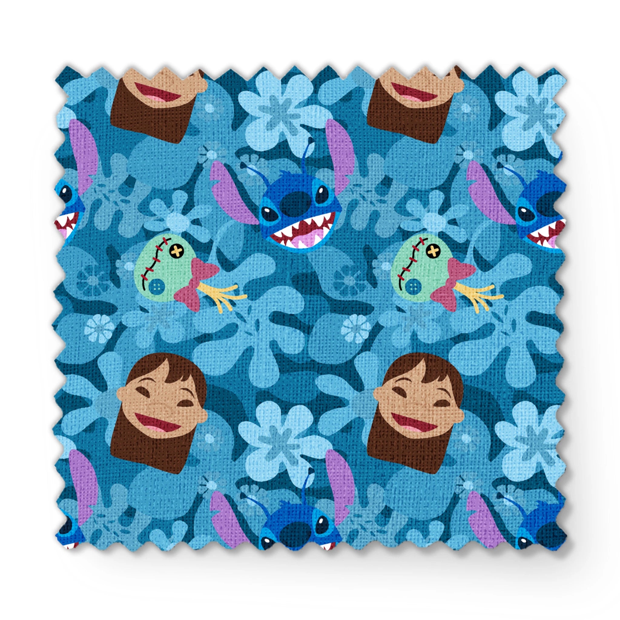 Disney's Stitch among floral elements and smiling faces on turquoise background fabric swatch mockup