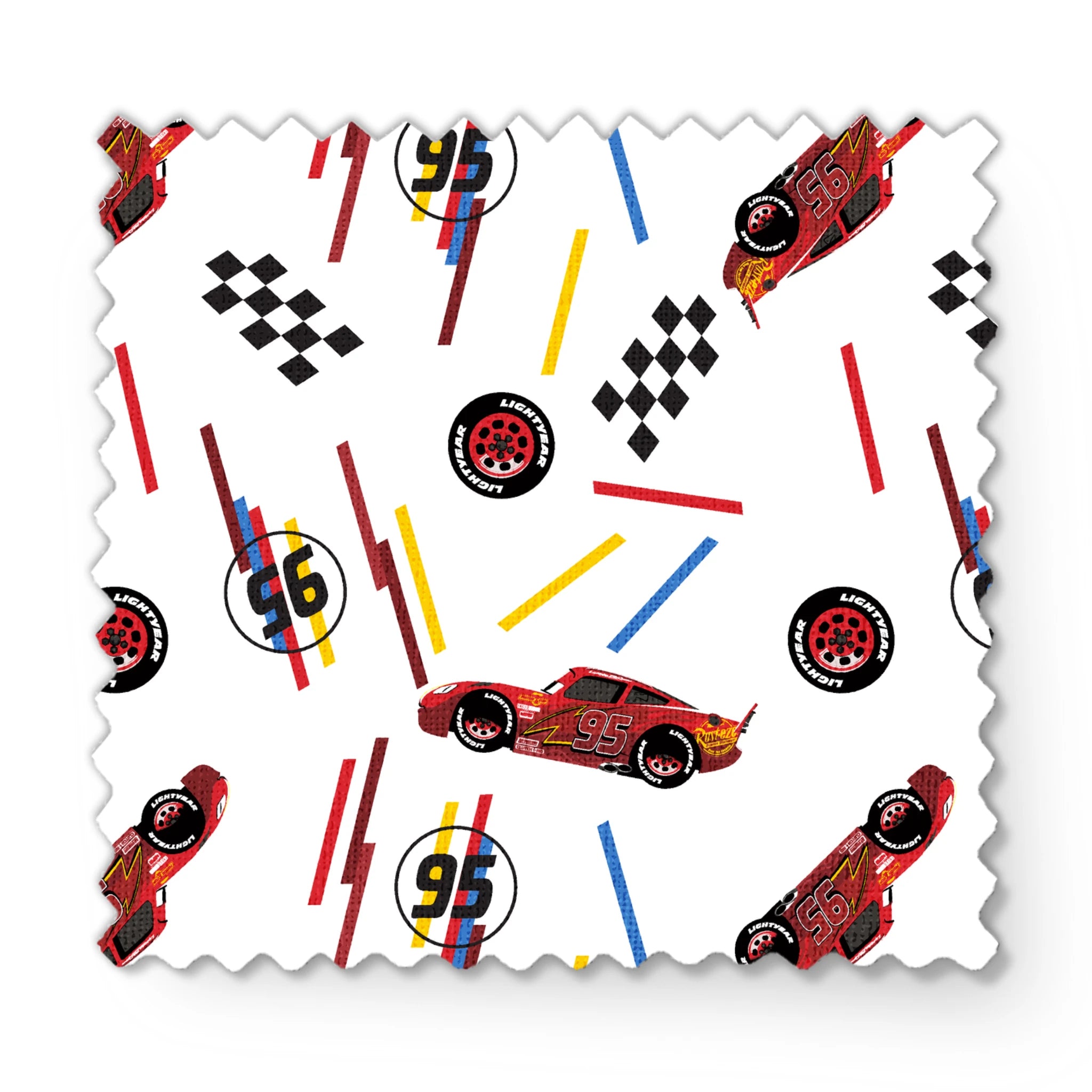 Racing car pattern with red toy cars, checkered flags, number 95 emblems, and colorful lines on white background fabric swatch mockup