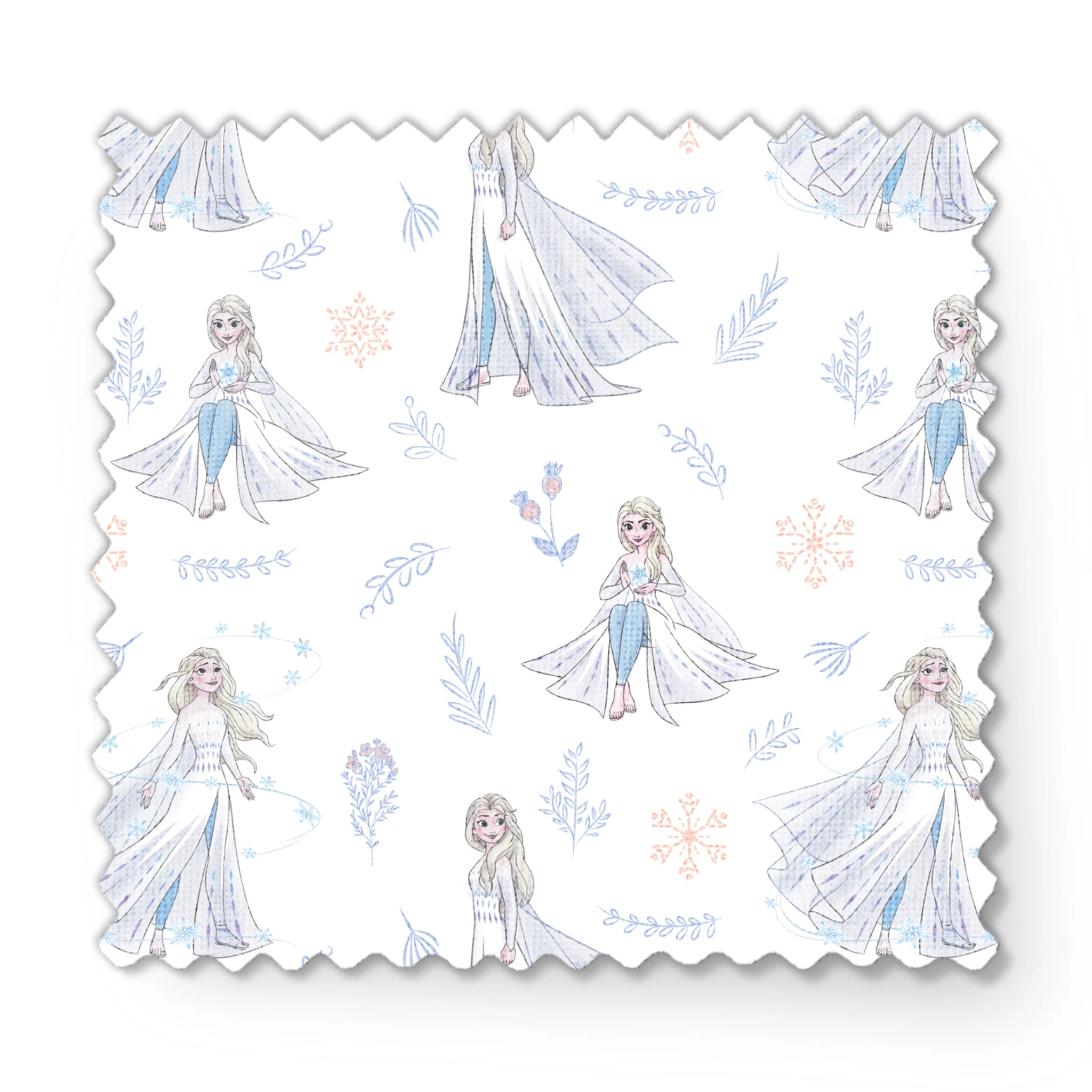 The image shows a decorative pattern featuringFrozen's Elsa, surrounded by delicate snowflakes, leaves, and floral elements in soft pastel colors on a light background. fabric swatch mockup