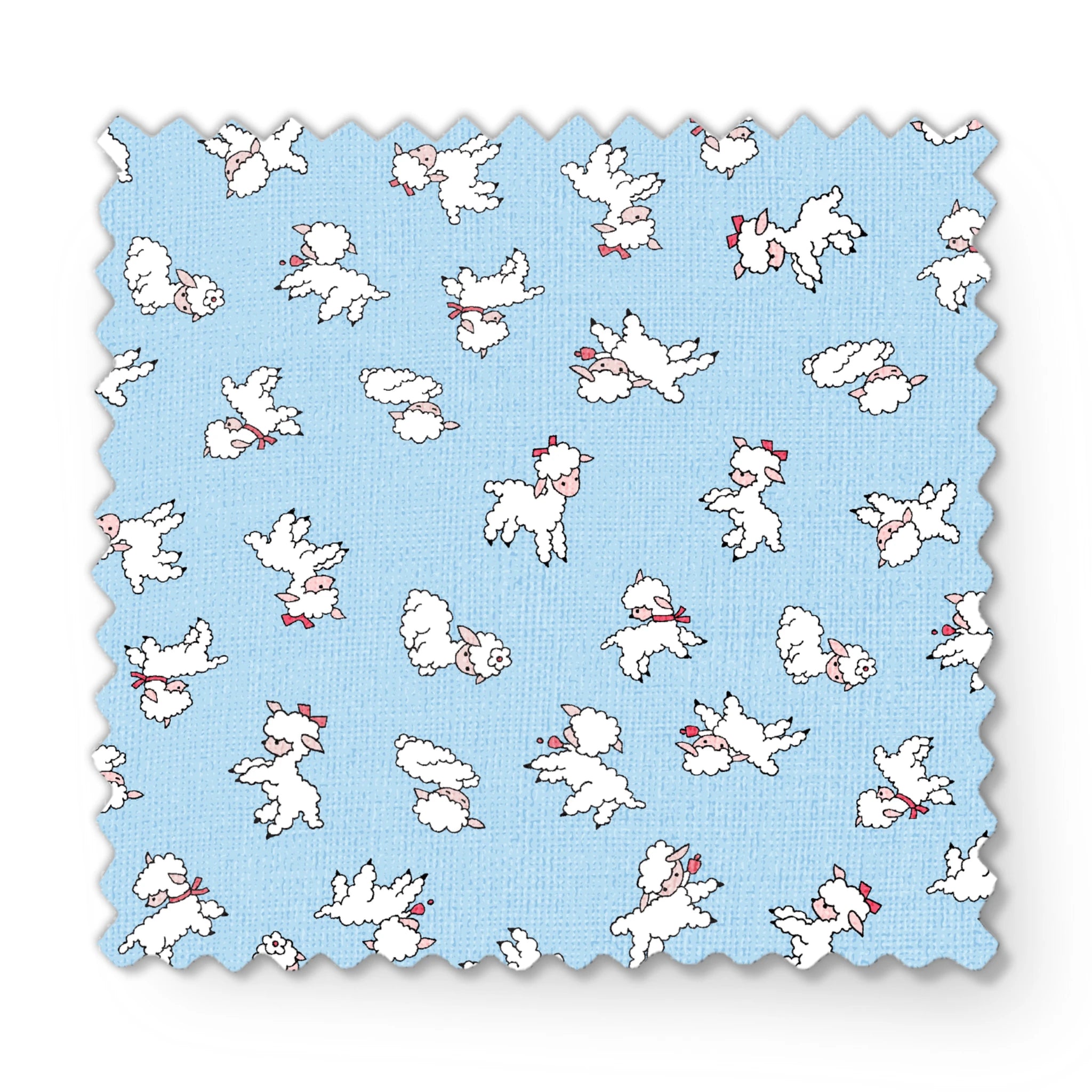 Playful white lambs pattern on light blue background with simple cartoon style illustration fabric swatch mockup