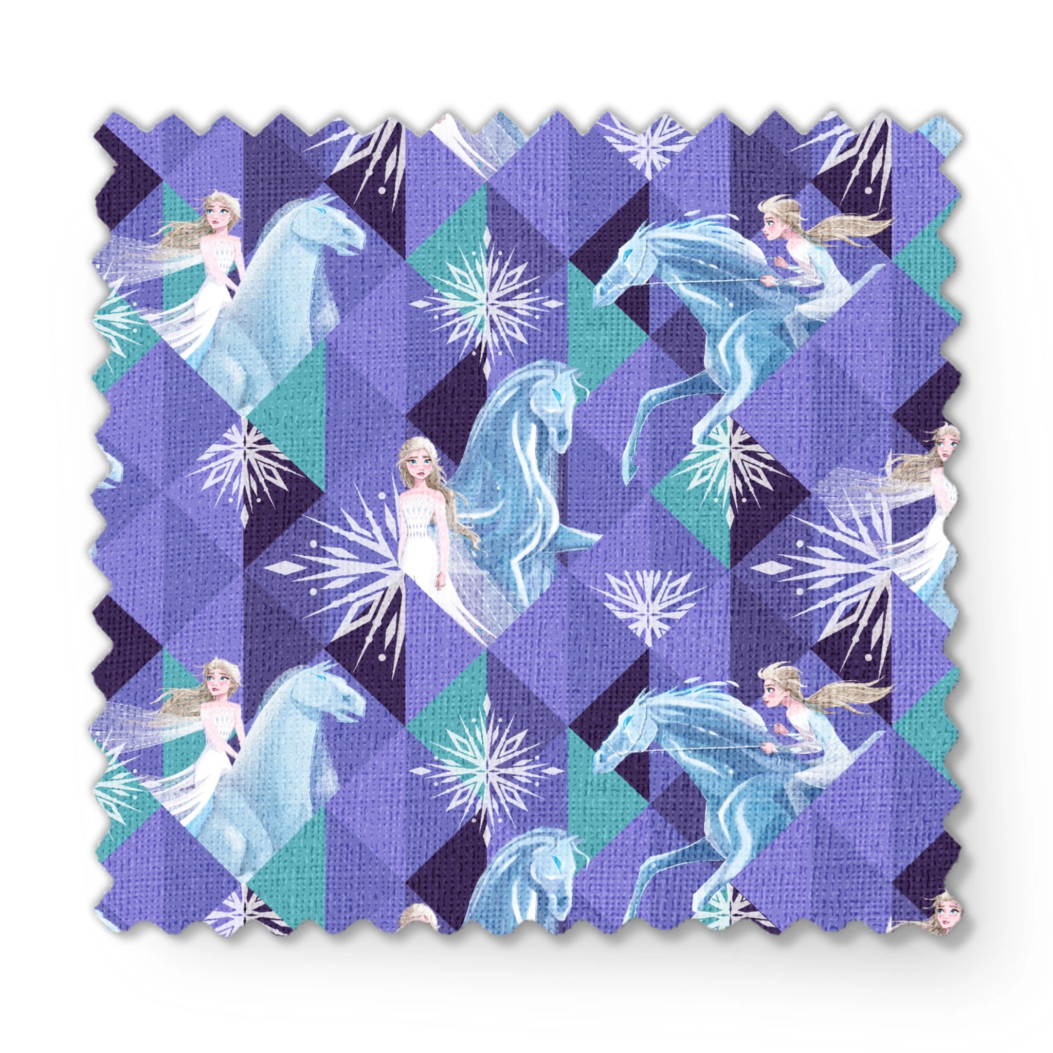 Disney's Frozen pattern with Elsa on horses against purple geometric background with snowflakes fabric swatch mockup