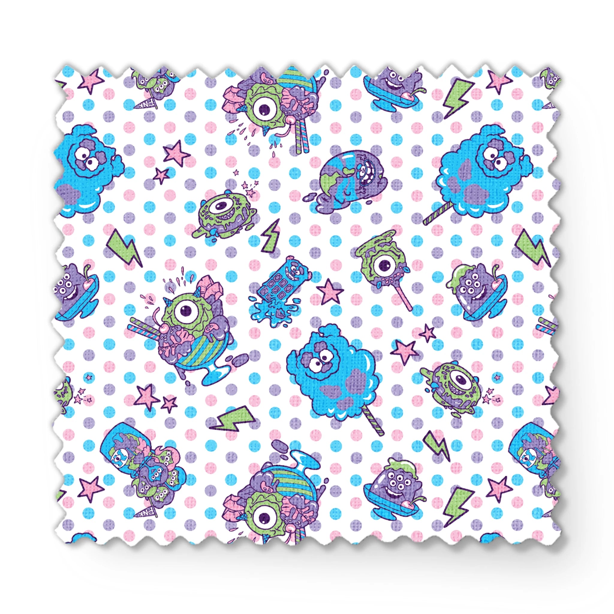 Monsters Inc inspired desserts, stars and lightning bolts on polka dot background fabric swatch mockup
