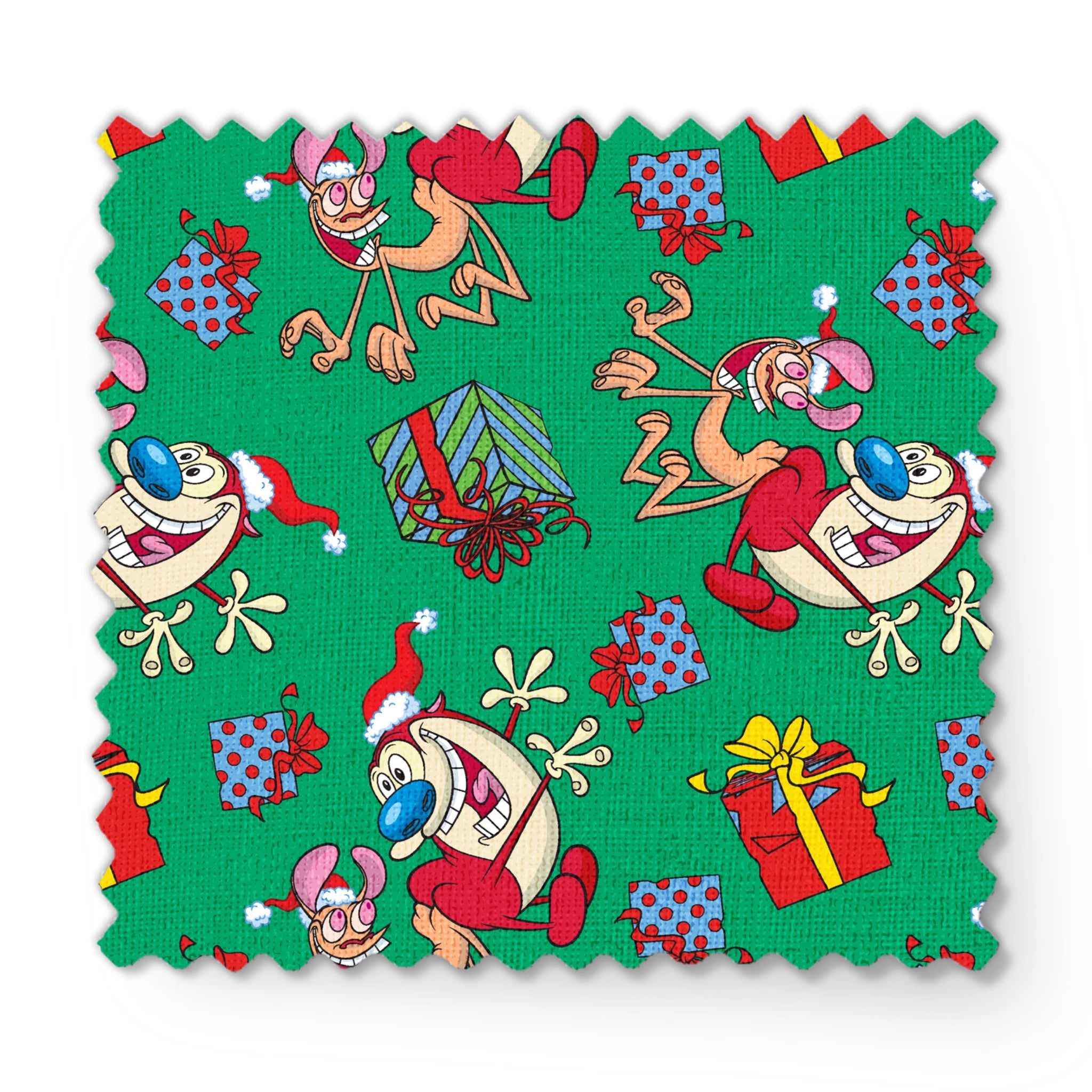 Whimsical cartoon Christmas pattern with elves, Santa figures, and colorful gifts on green background fabric swatch mockup