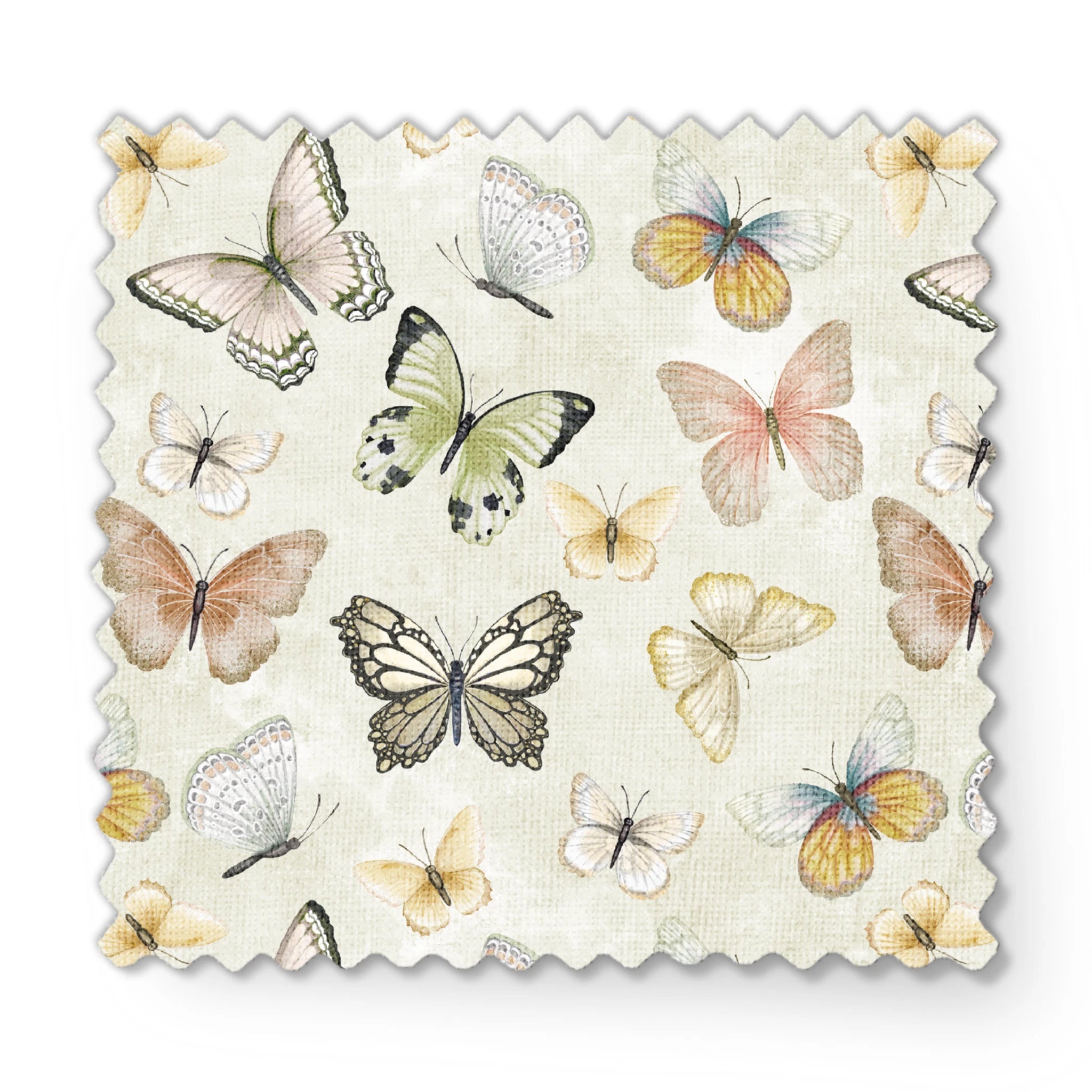 Hand-illustrated pastel butterflies in pink, blue, yellow, and sage on a cream background in a botanical-style Nicole Tamarin design. fabric swatch mockup