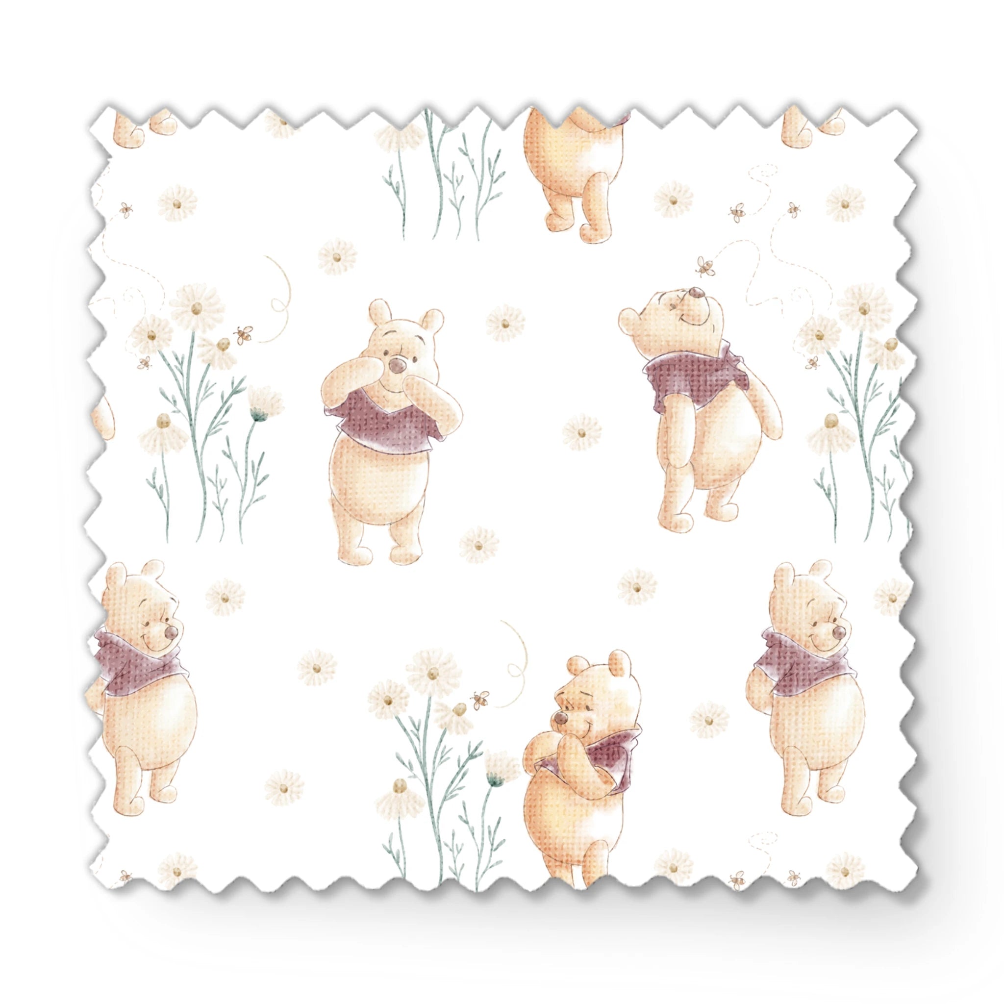 Winnie the Pooh pattern with cartoon bear in red shirt amid delicate white flowers fabric swatch mockup