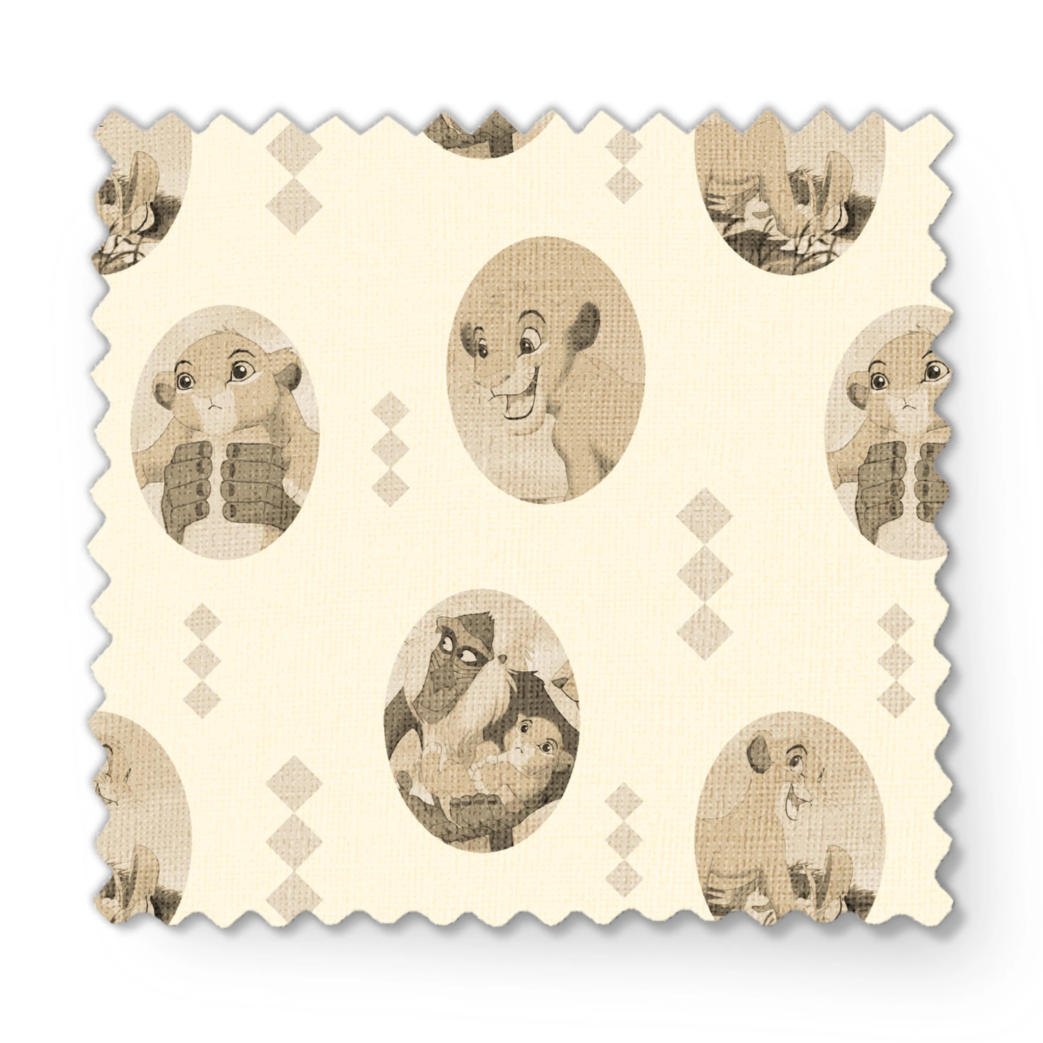 Lion King characters in sepia tone portraits on cream background with diamond pattern fabric swatch mockup