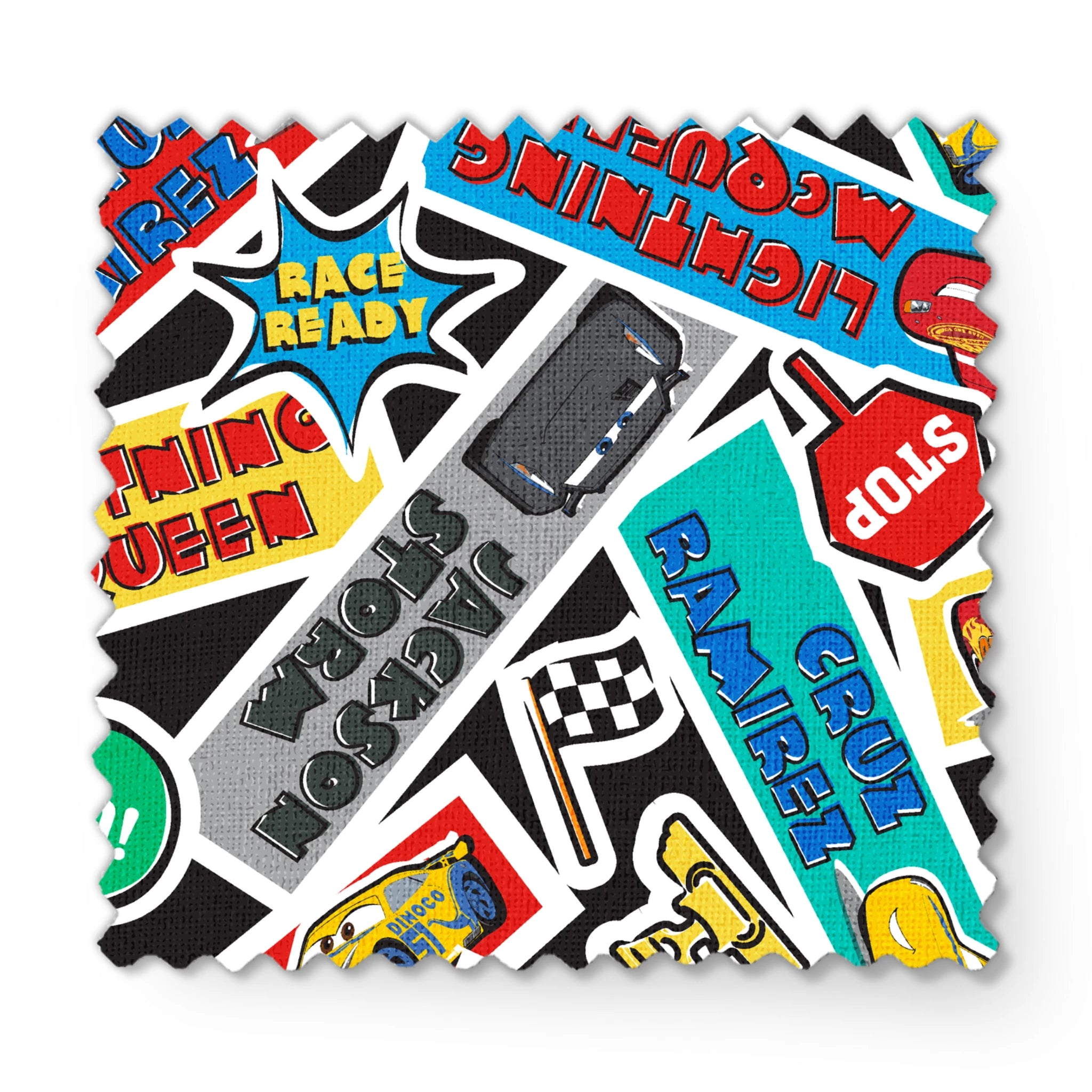 Colorful Cars movie stickers featuring Lightning McQueen, racing themes, and car motifs in vibrant colors. fabric swatch mockup