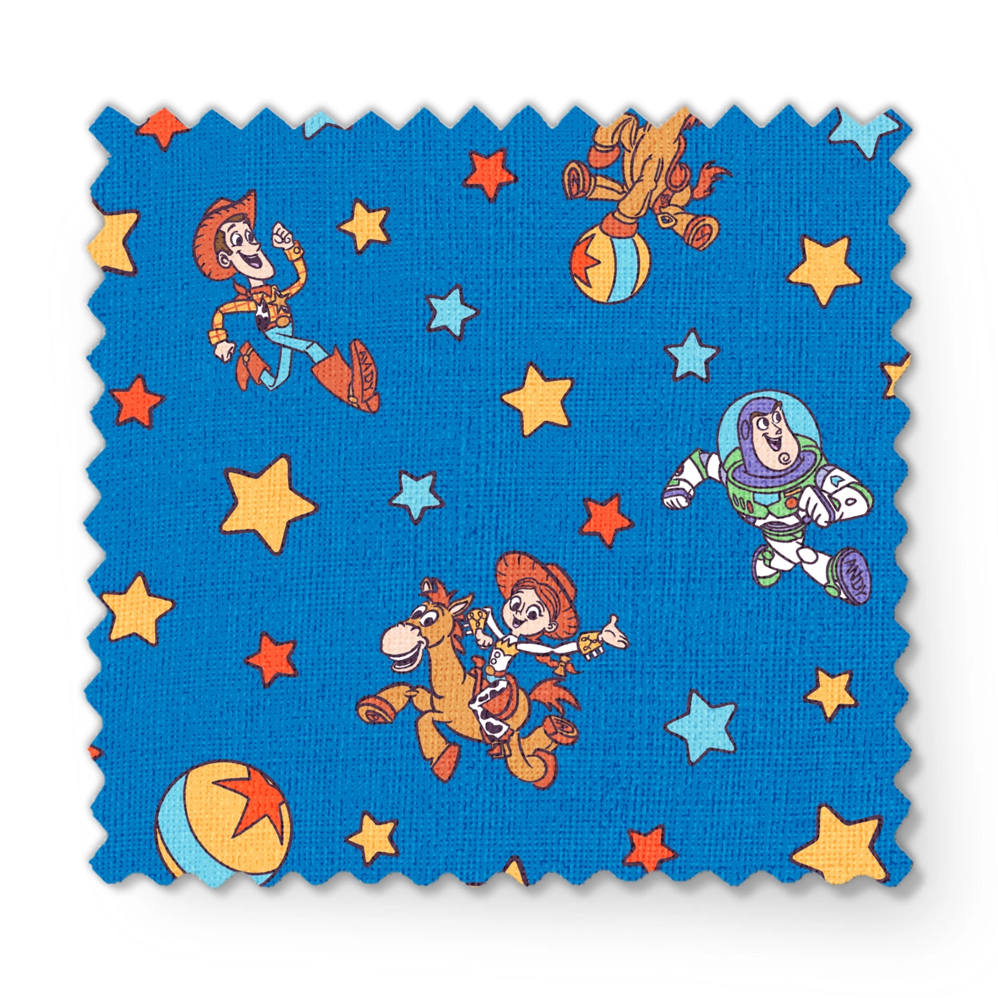Toy Story characters floating in space pattern with stars on blue background fabric swatch mockup