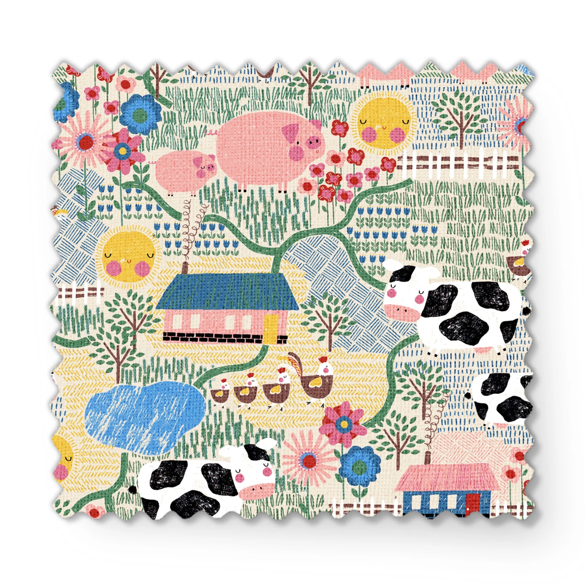 Colorful farm illustration with pink pigs, spotted cows, flowers, and small houses on textured ba... fabric swatch mockup