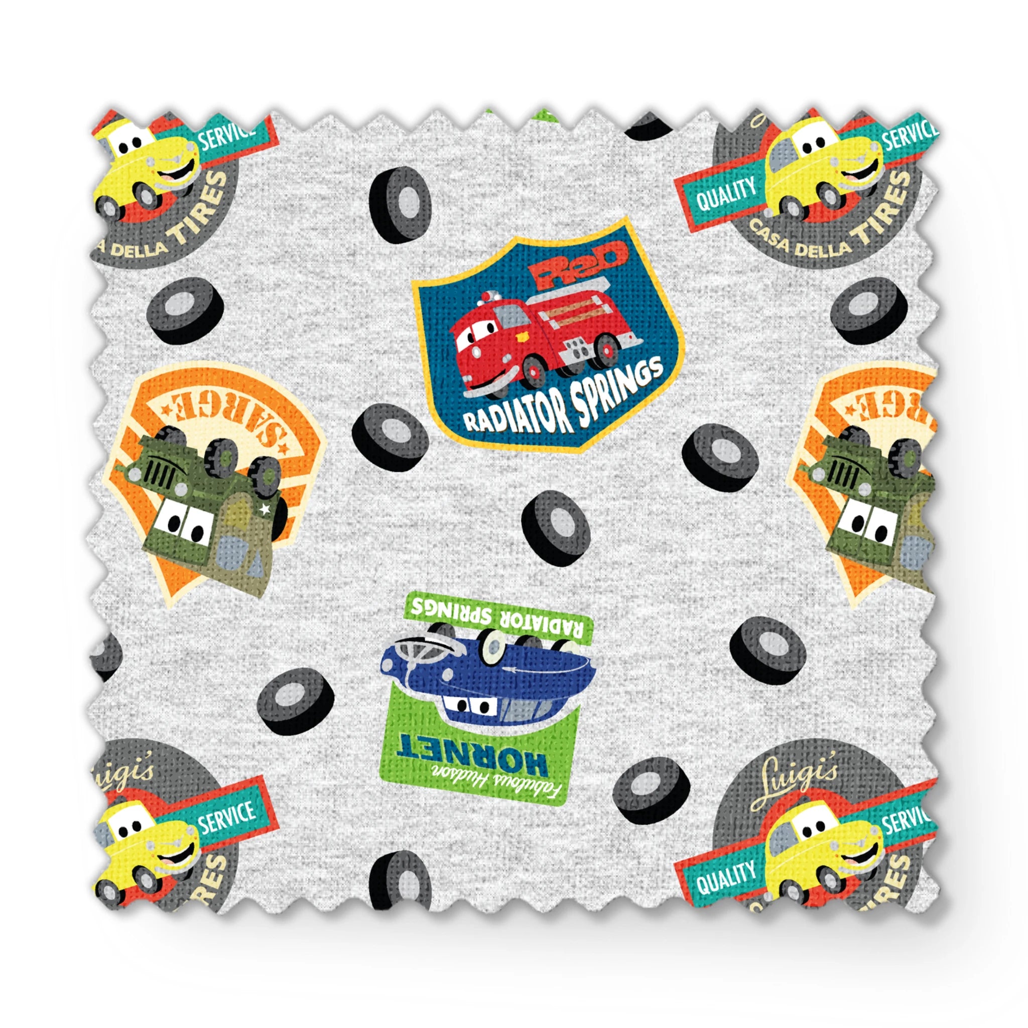 Cartoon vehicle characters on gray fabric with badges for Radiator Springs, Luigi's, and Sarge's fabric swatch mockup