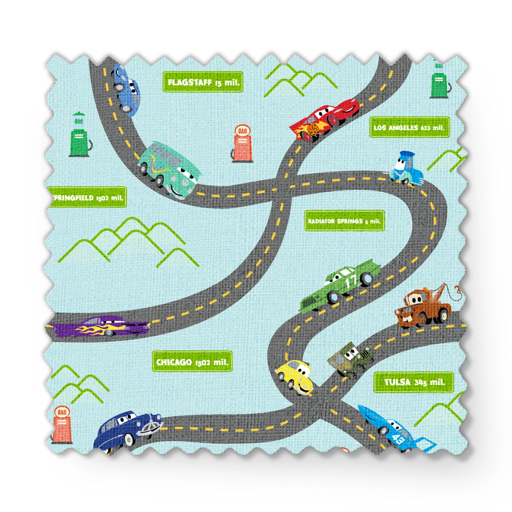 Cars from "Cars" movie on winding road with green speech bubbles showing different car brands and gas stations. fabric swatch mockup