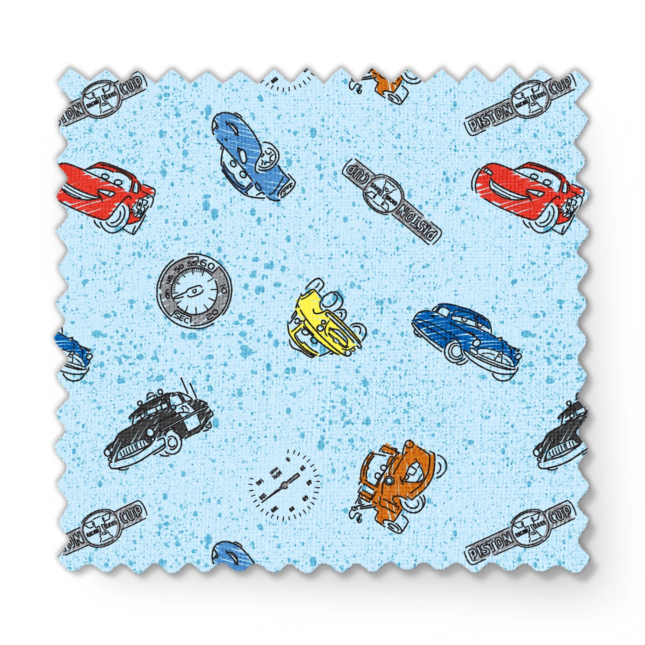 Colorful cartoon cars and watches scattered on a light blue speckled background pattern fabric swatch mockup