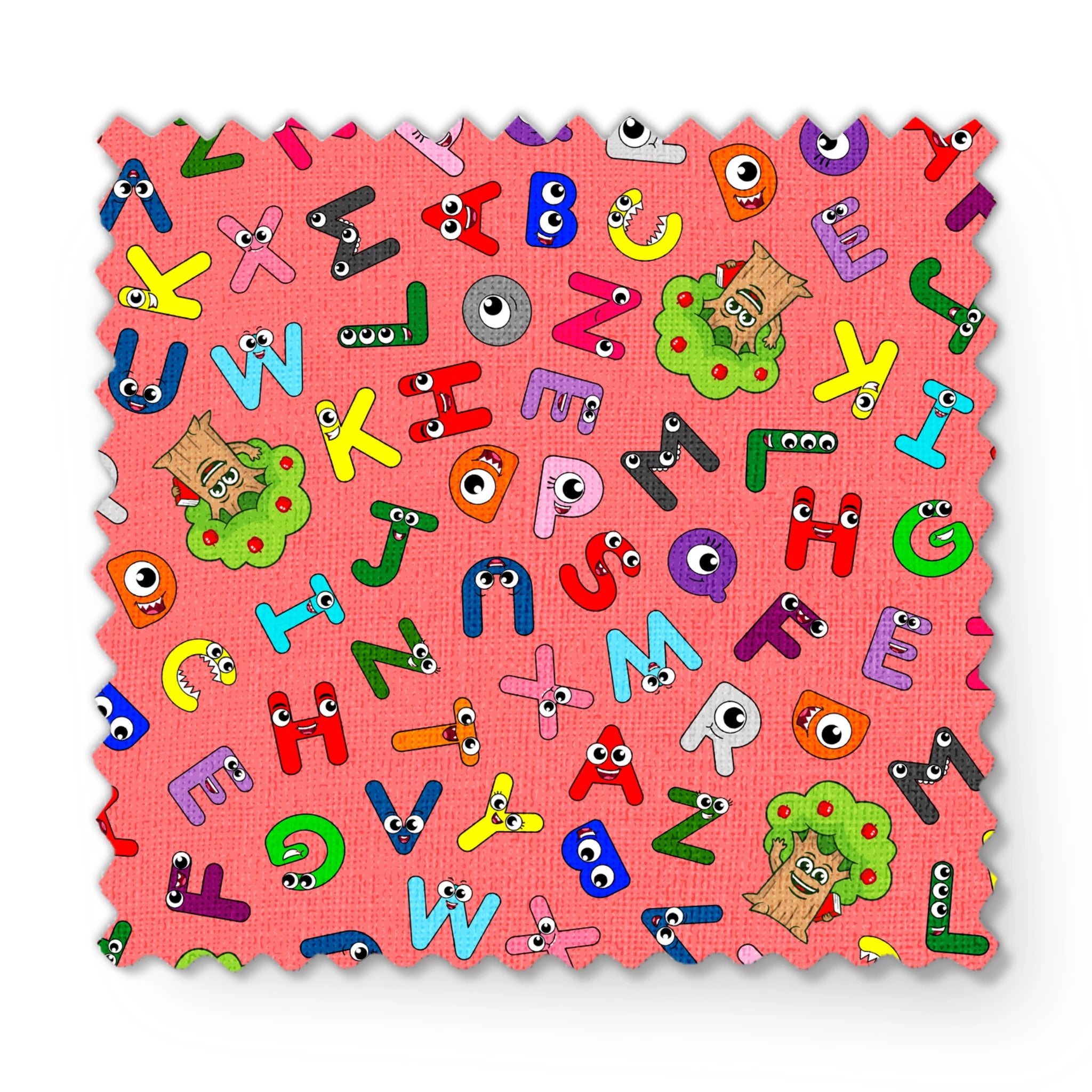 Colorful alphabet pattern with cartoon letter characters on bright pink background fabric swatch mockup