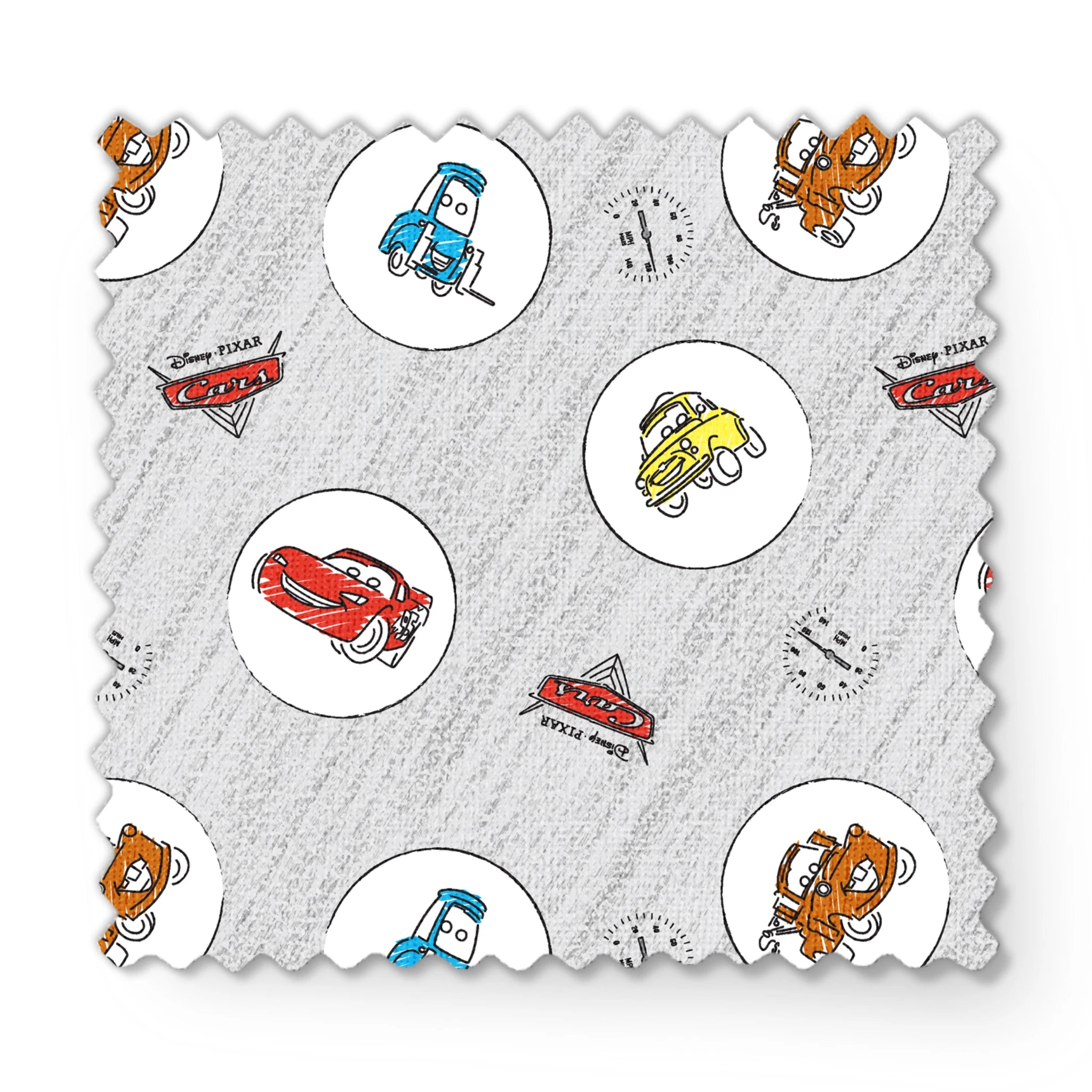 Cartoon Cars movie characters in white circles on a light gray sketched background with Cars logos fabric swatch mockup